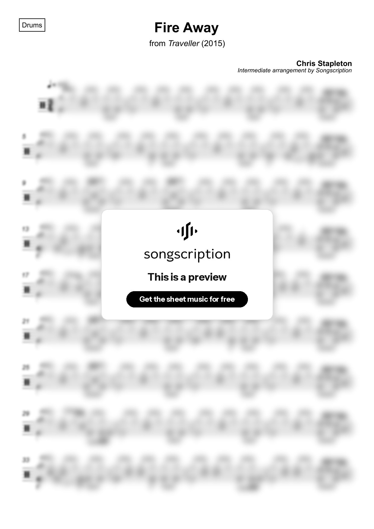 Intermediate Drums Sheet Music for "Fire Away" by Chris Stapleton