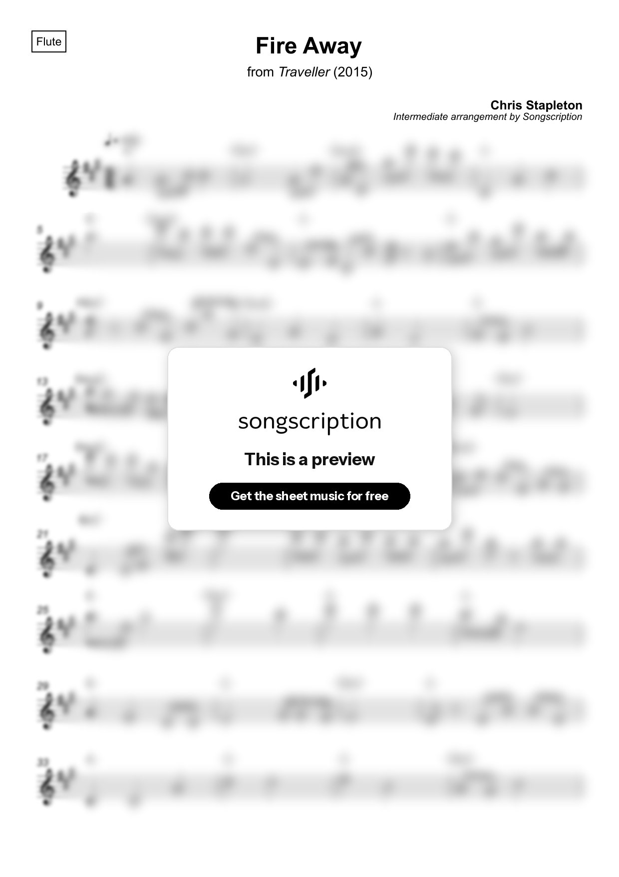 Intermediate Flute Sheet Music for "Fire Away" by Chris Stapleton