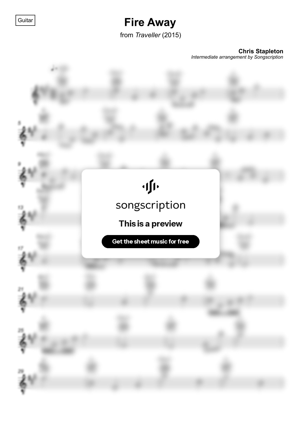 Intermediate Acoustic Guitar Sheet Music for "Fire Away" by Chris Stapleton