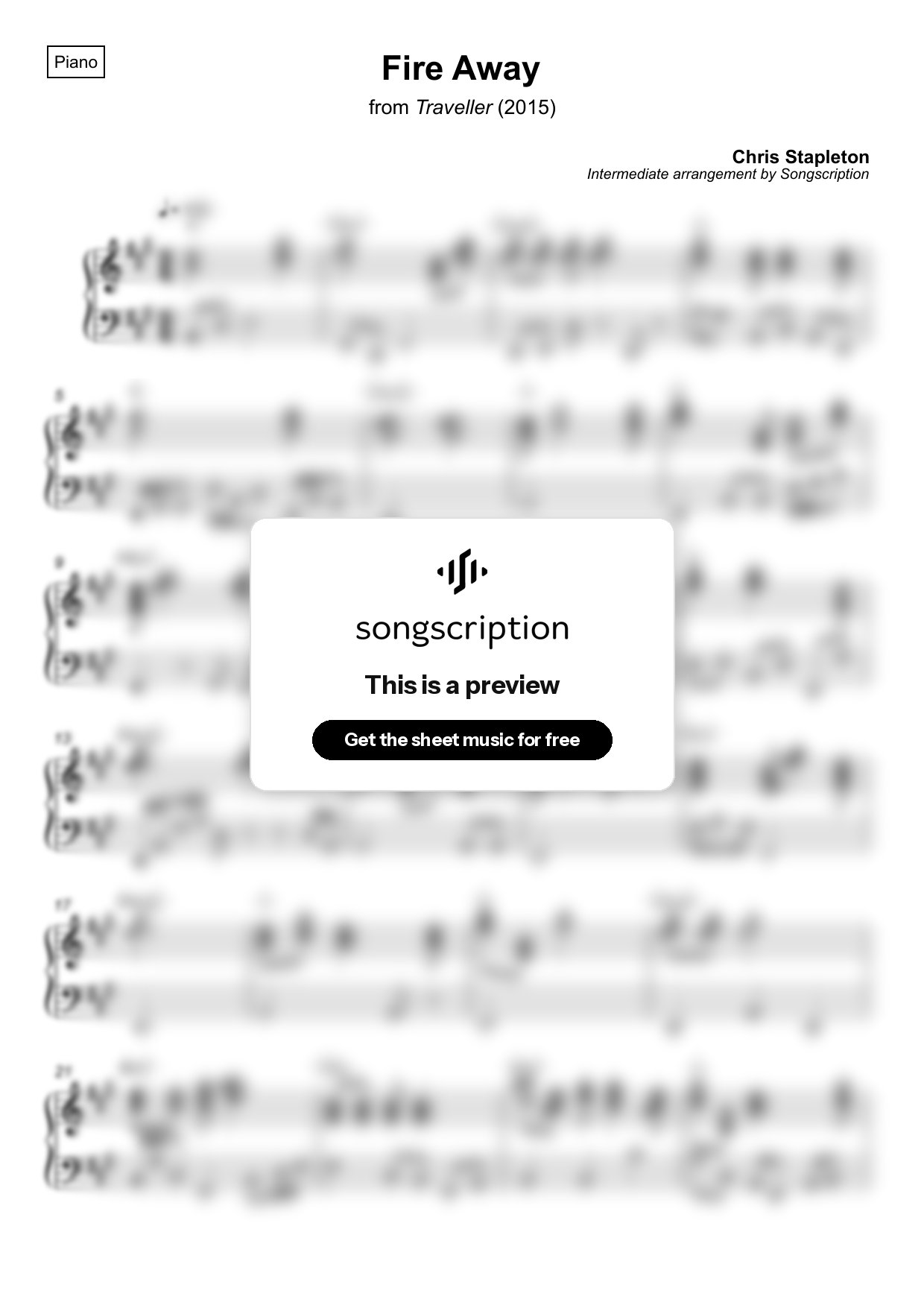 Intermediate Piano Sheet Music for "Fire Away" by Chris Stapleton