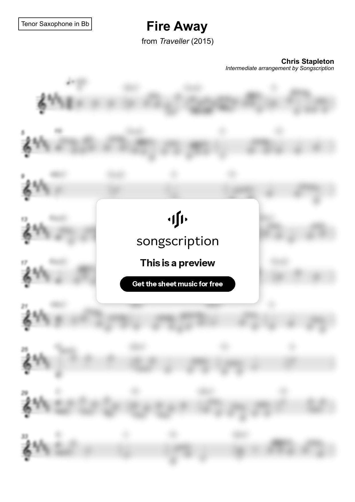 Intermediate Tenor Sax Sheet Music for "Fire Away" by Chris Stapleton
