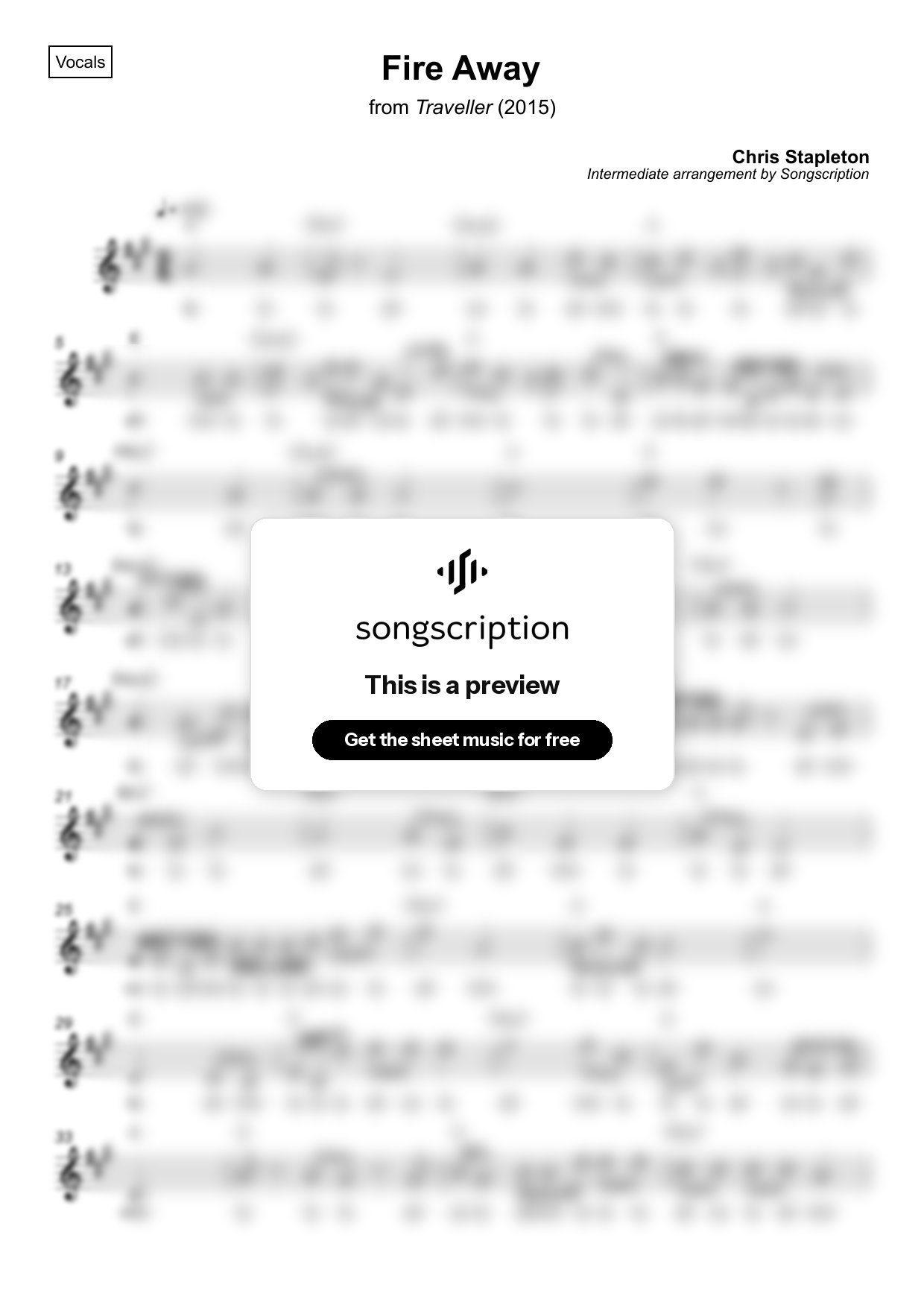 Intermediate Vocals Sheet Music for "Fire Away" by Chris Stapleton