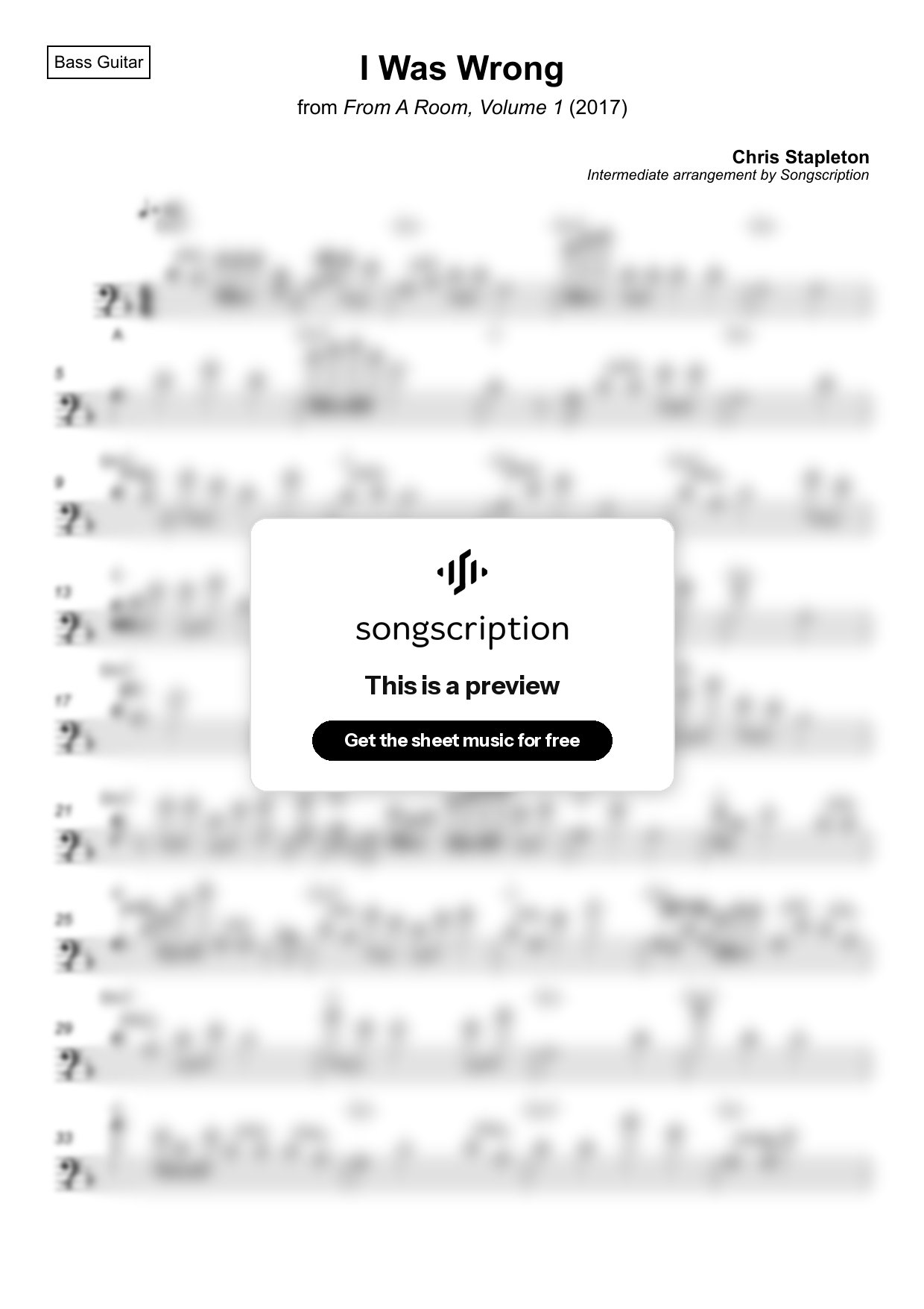 Intermediate Bass Guitar Sheet Music for "I Was Wrong" by Chris Stapleton