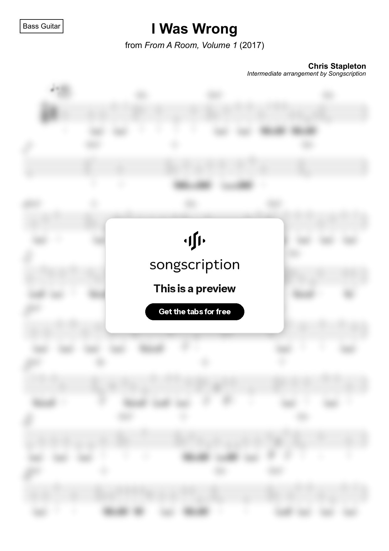 Intermediate Bass Guitar Tabs for "I Was Wrong" by Chris Stapleton