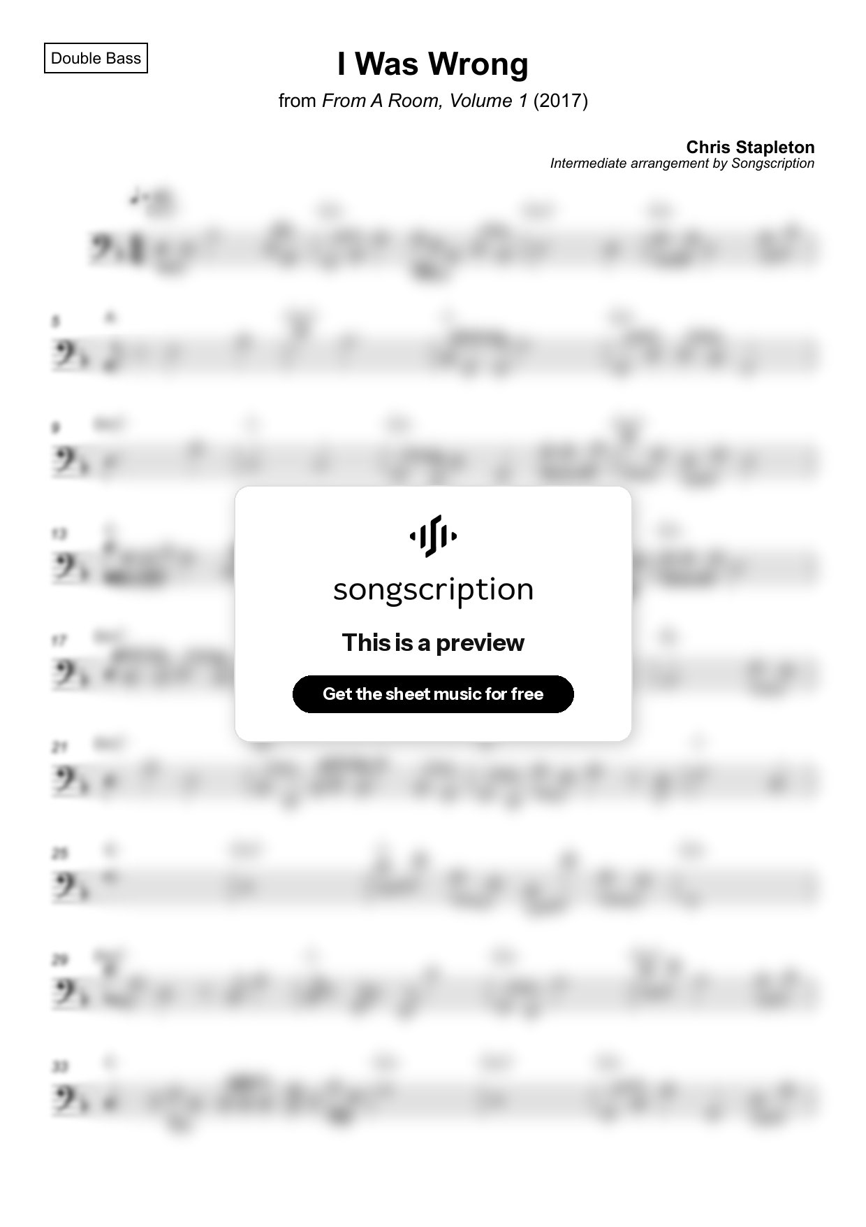 Intermediate Double Bass Sheet Music for "I Was Wrong" by Chris Stapleton