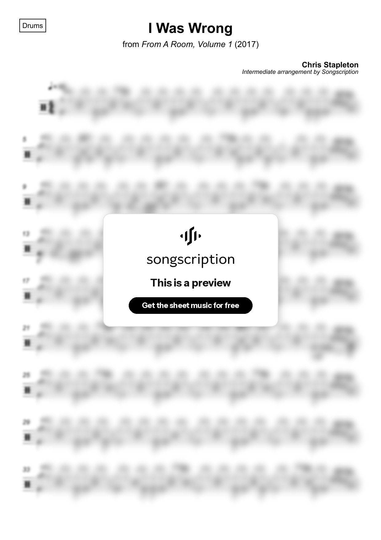 Intermediate Drums Sheet Music for "I Was Wrong" by Chris Stapleton