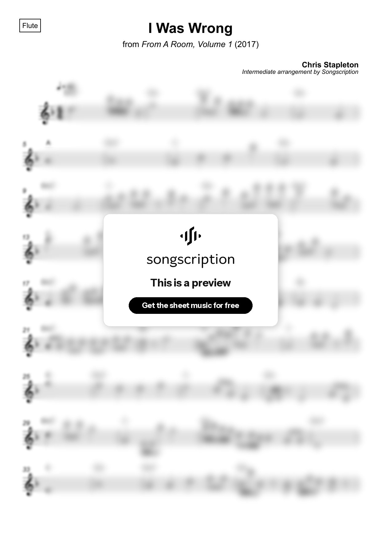 Intermediate Flute Sheet Music for "I Was Wrong" by Chris Stapleton