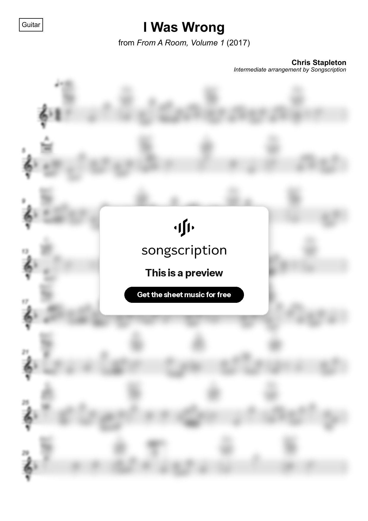 Intermediate Acoustic Guitar Sheet Music for "I Was Wrong" by Chris Stapleton