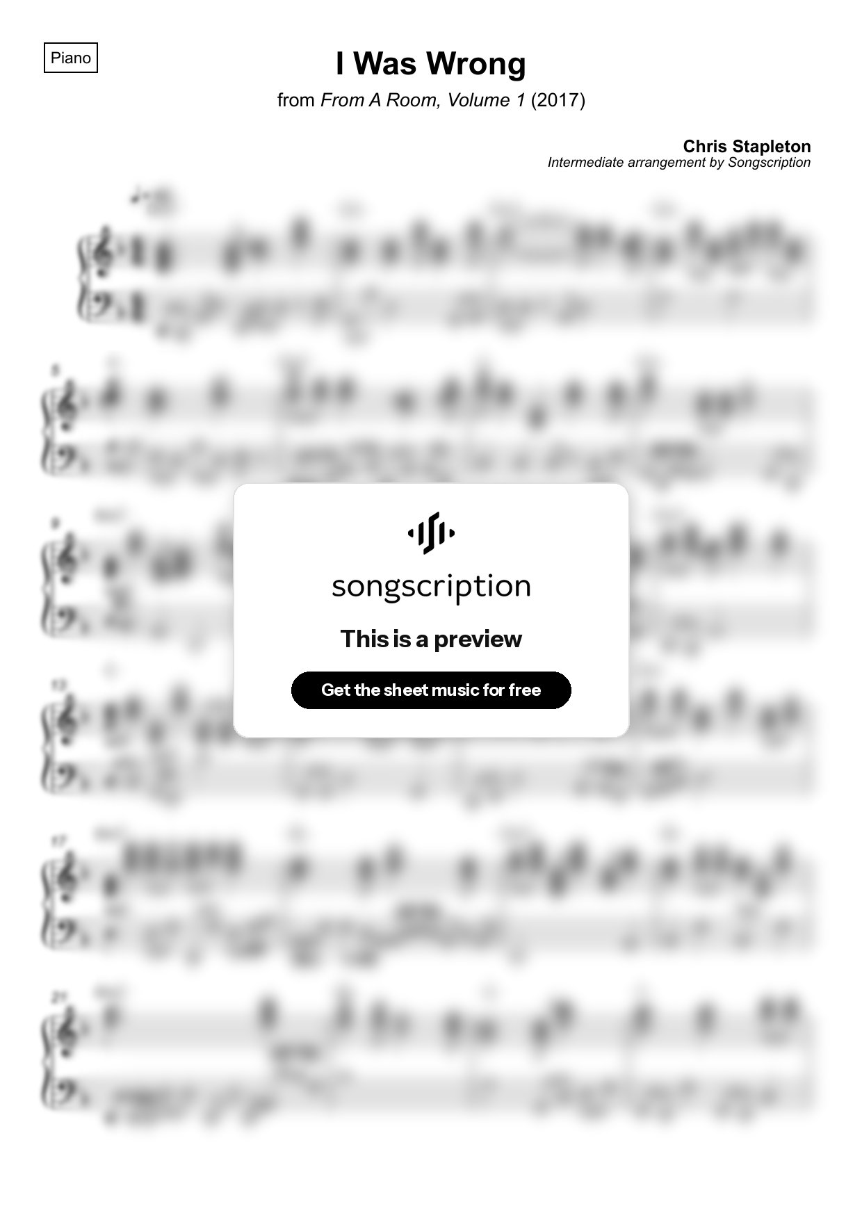 Intermediate Piano Sheet Music for "I Was Wrong" by Chris Stapleton