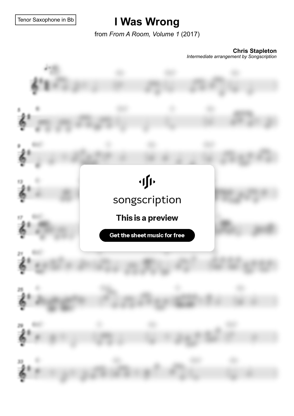 Intermediate Tenor Sax Sheet Music for "I Was Wrong" by Chris Stapleton