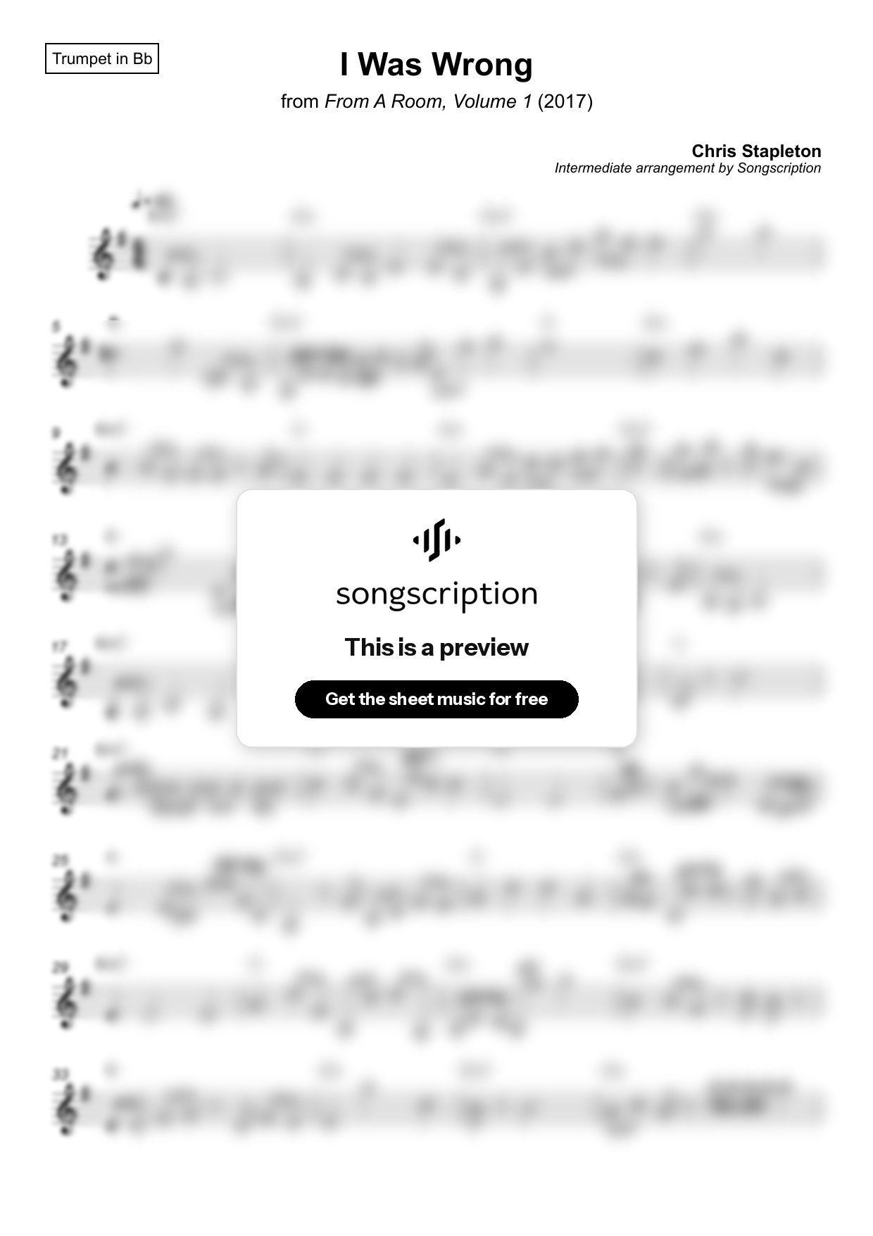 Intermediate Trumpet Sheet Music for "I Was Wrong" by Chris Stapleton