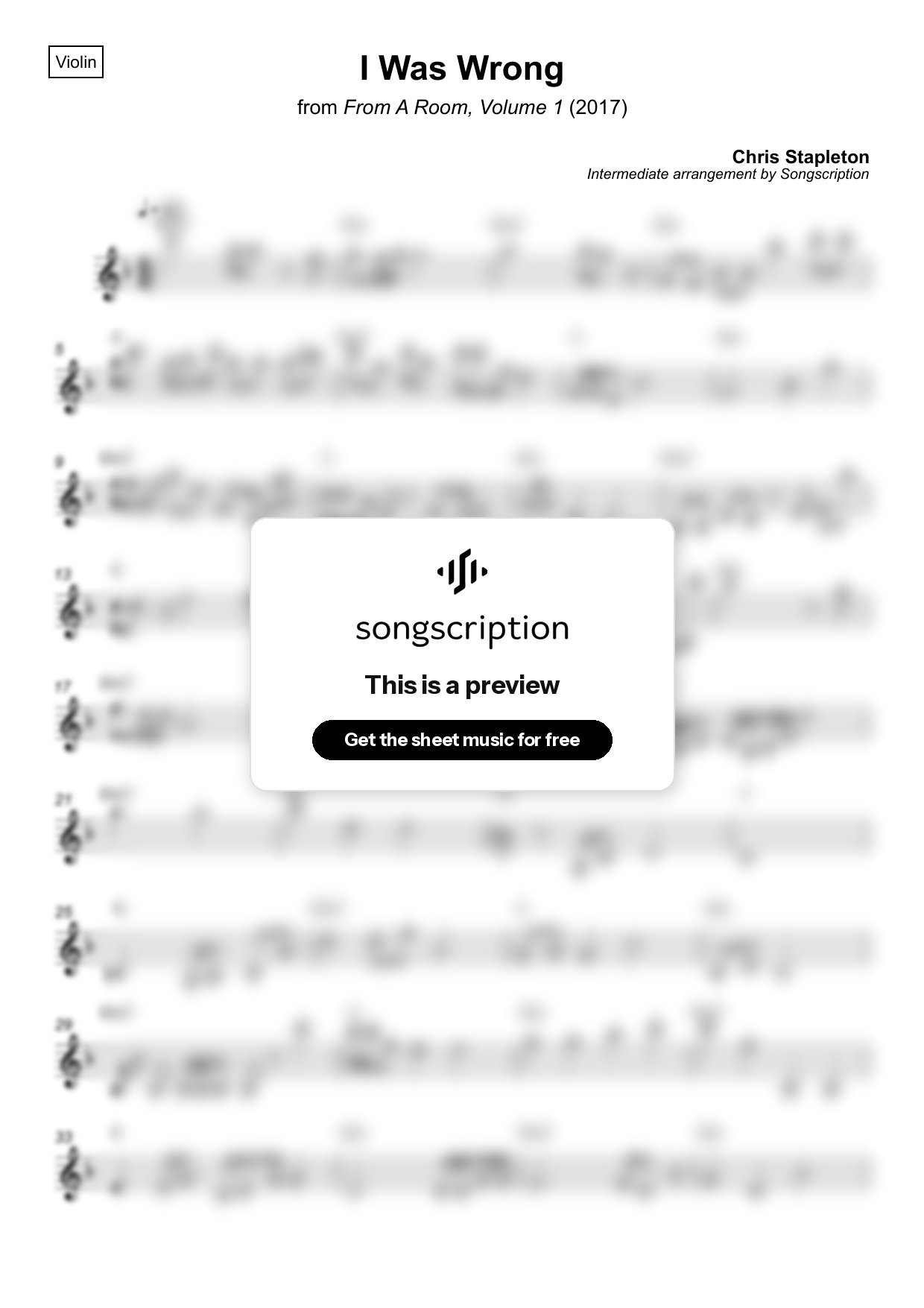 Intermediate Violin Sheet Music for "I Was Wrong" by Chris Stapleton