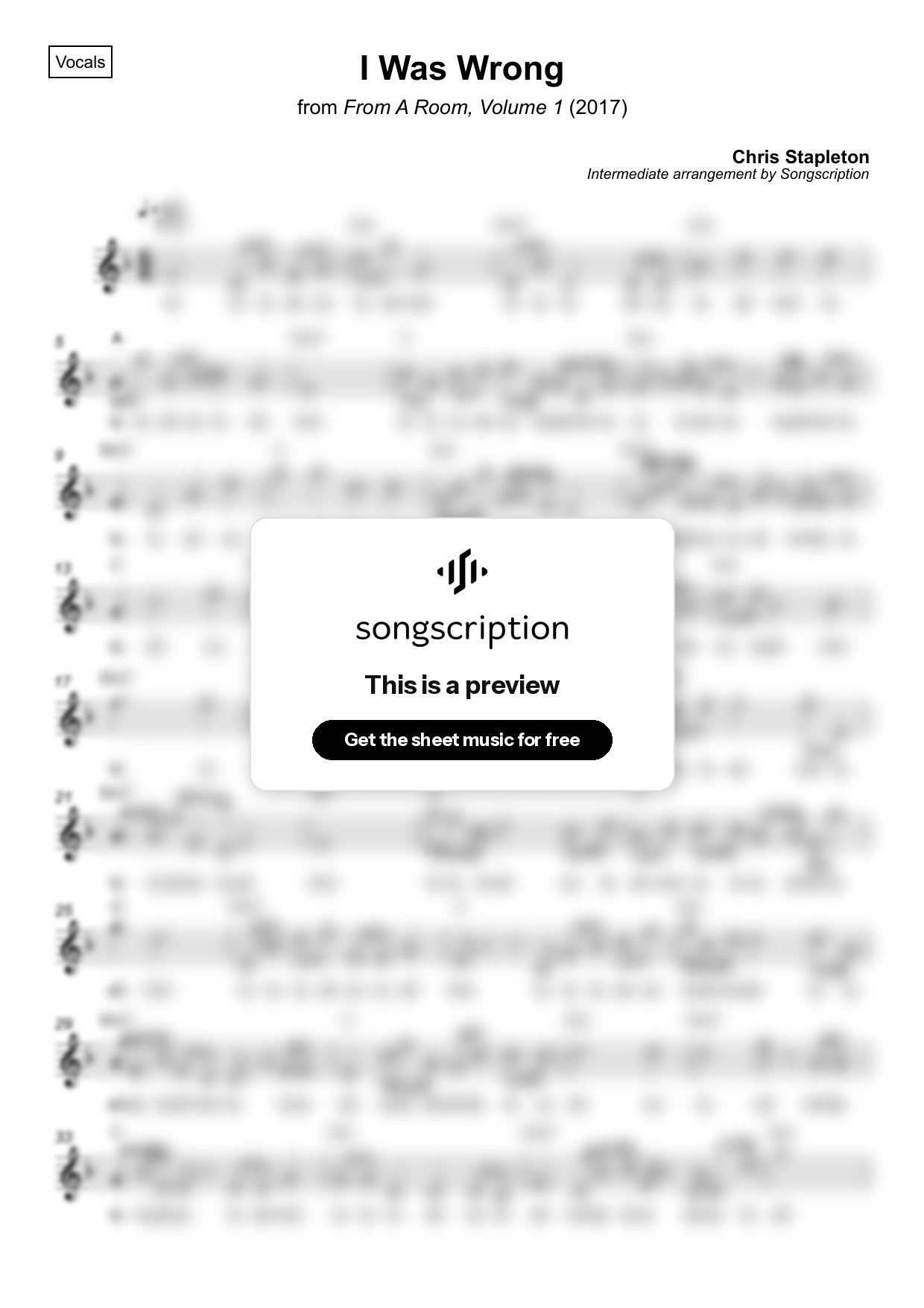 Intermediate Vocals Sheet Music for "I Was Wrong" by Chris Stapleton