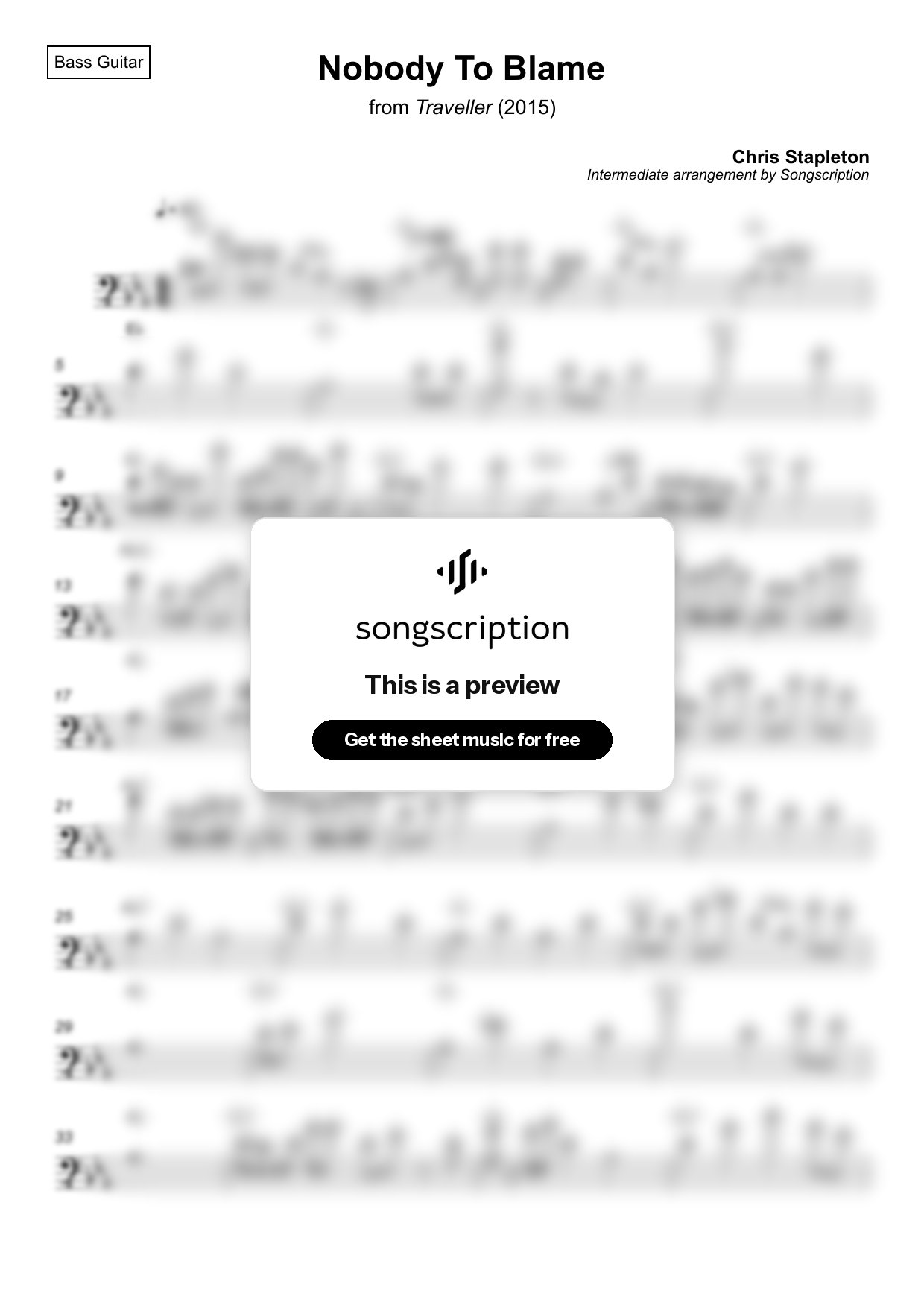 Intermediate Bass Guitar Sheet Music for "Nobody To Blame" by Chris Stapleton