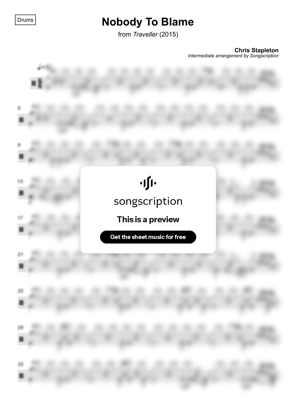 Intermediate Drums Sheet Music for "Nobody To Blame" by Chris Stapleton