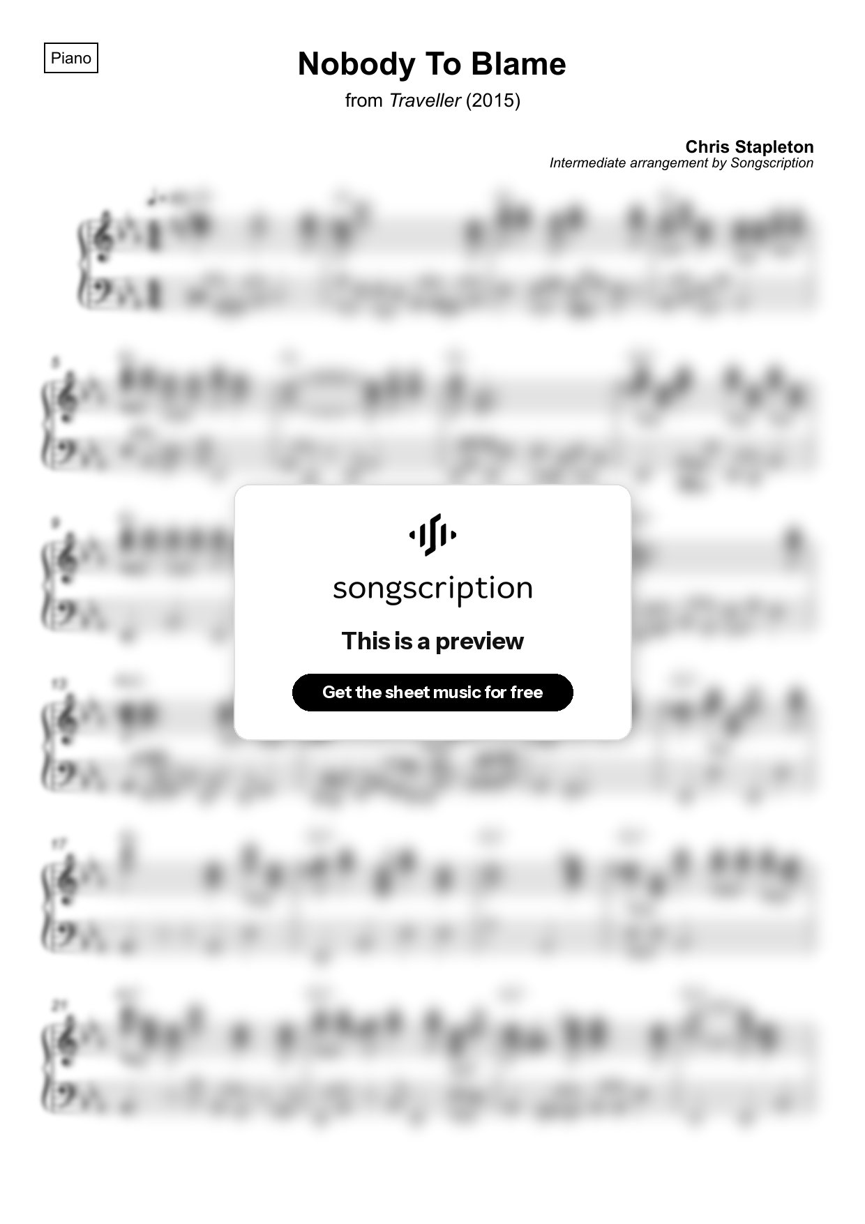 Intermediate Piano Sheet Music for "Nobody To Blame" by Chris Stapleton