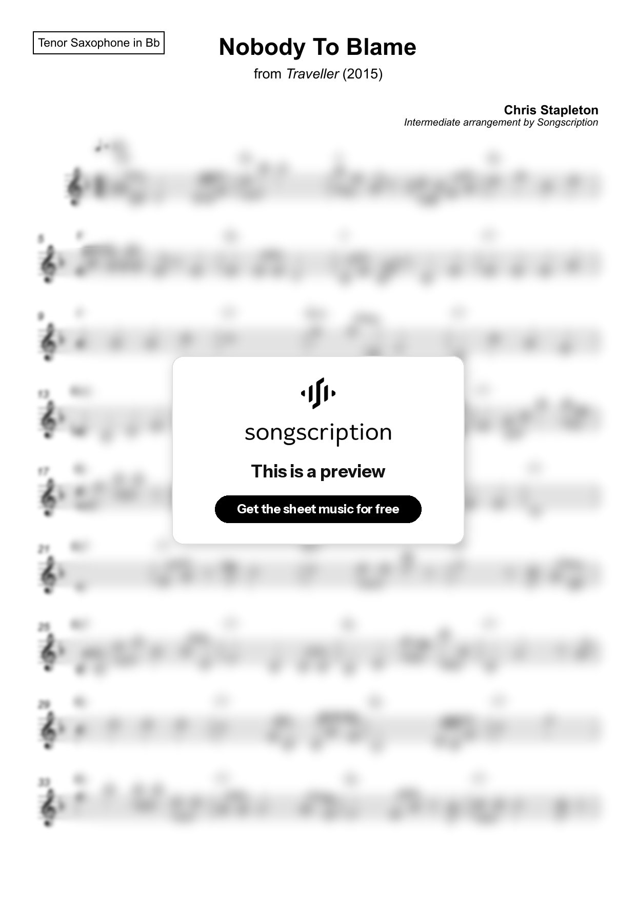 Intermediate Tenor Sax Sheet Music for "Nobody To Blame" by Chris Stapleton