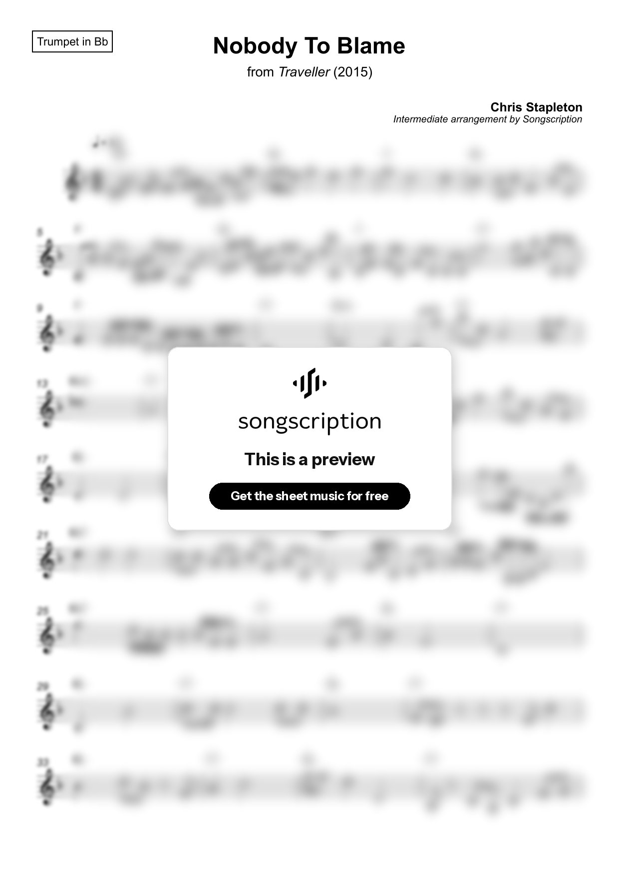 Intermediate Trumpet Sheet Music for "Nobody To Blame" by Chris Stapleton