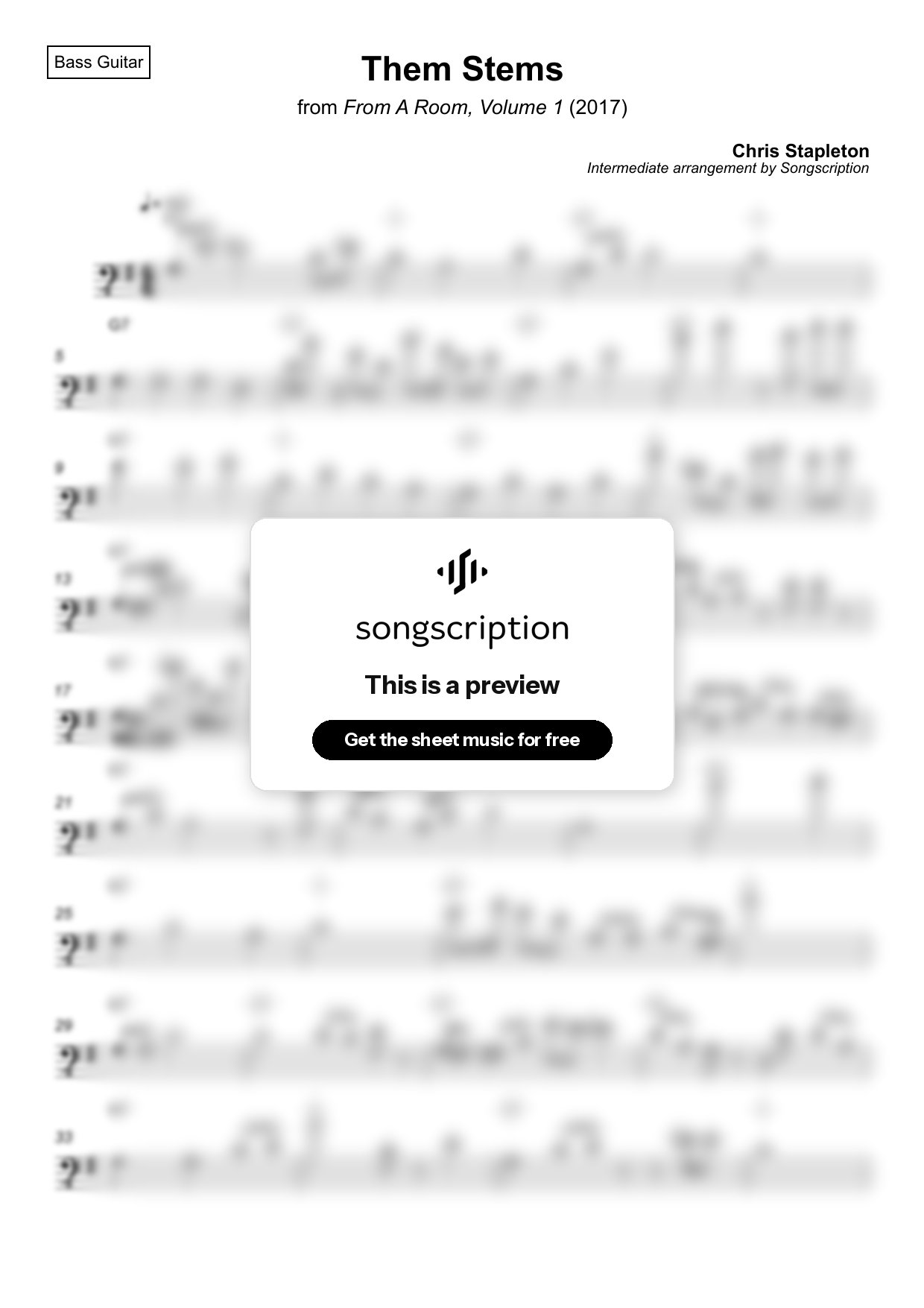 Intermediate Bass Guitar Sheet Music for "Them Stems" by Chris Stapleton