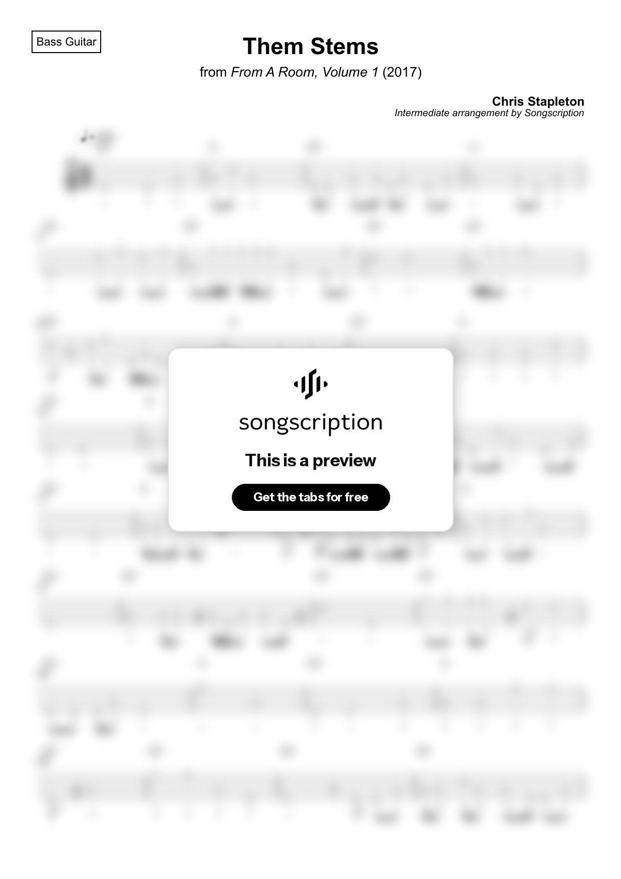 Intermediate Bass Guitar Tabs for "Them Stems" by Chris Stapleton