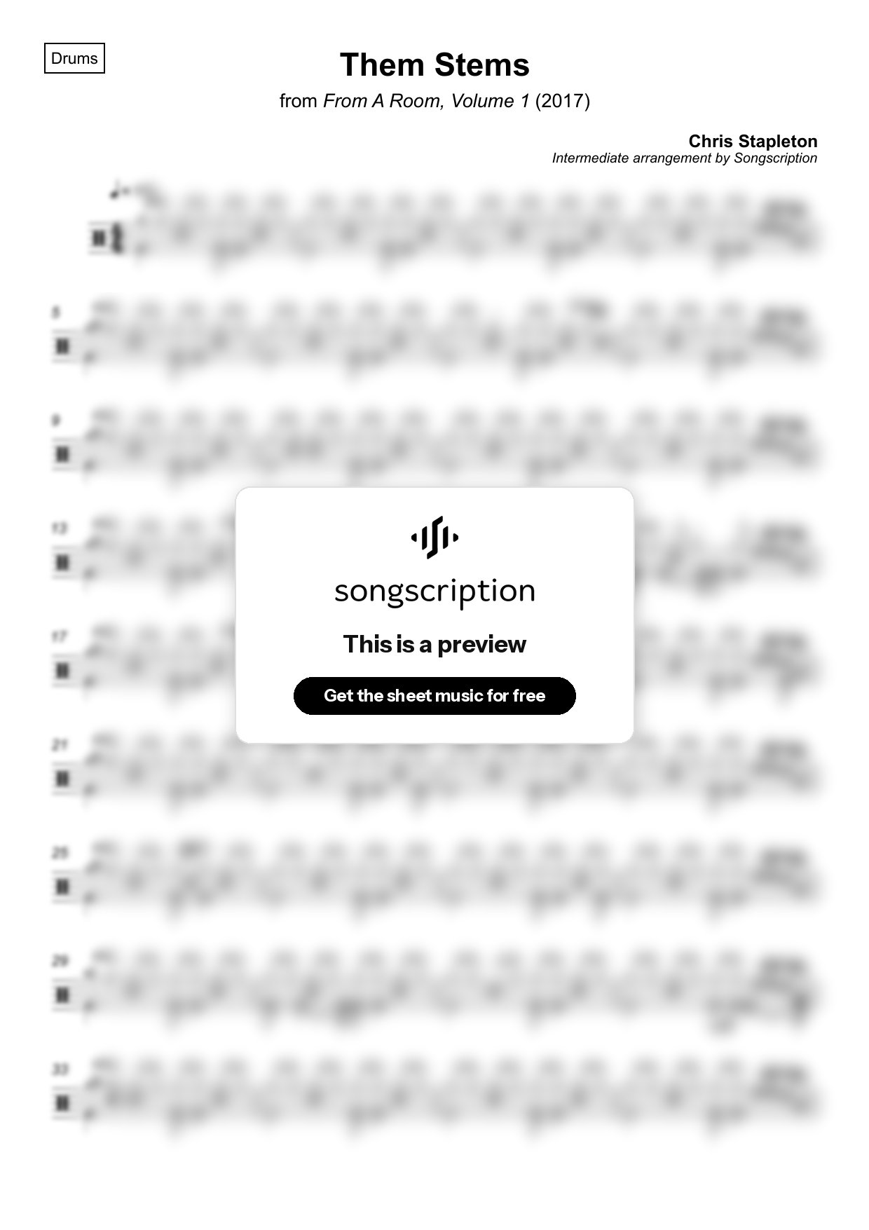 Intermediate Drums Sheet Music for "Them Stems" by Chris Stapleton