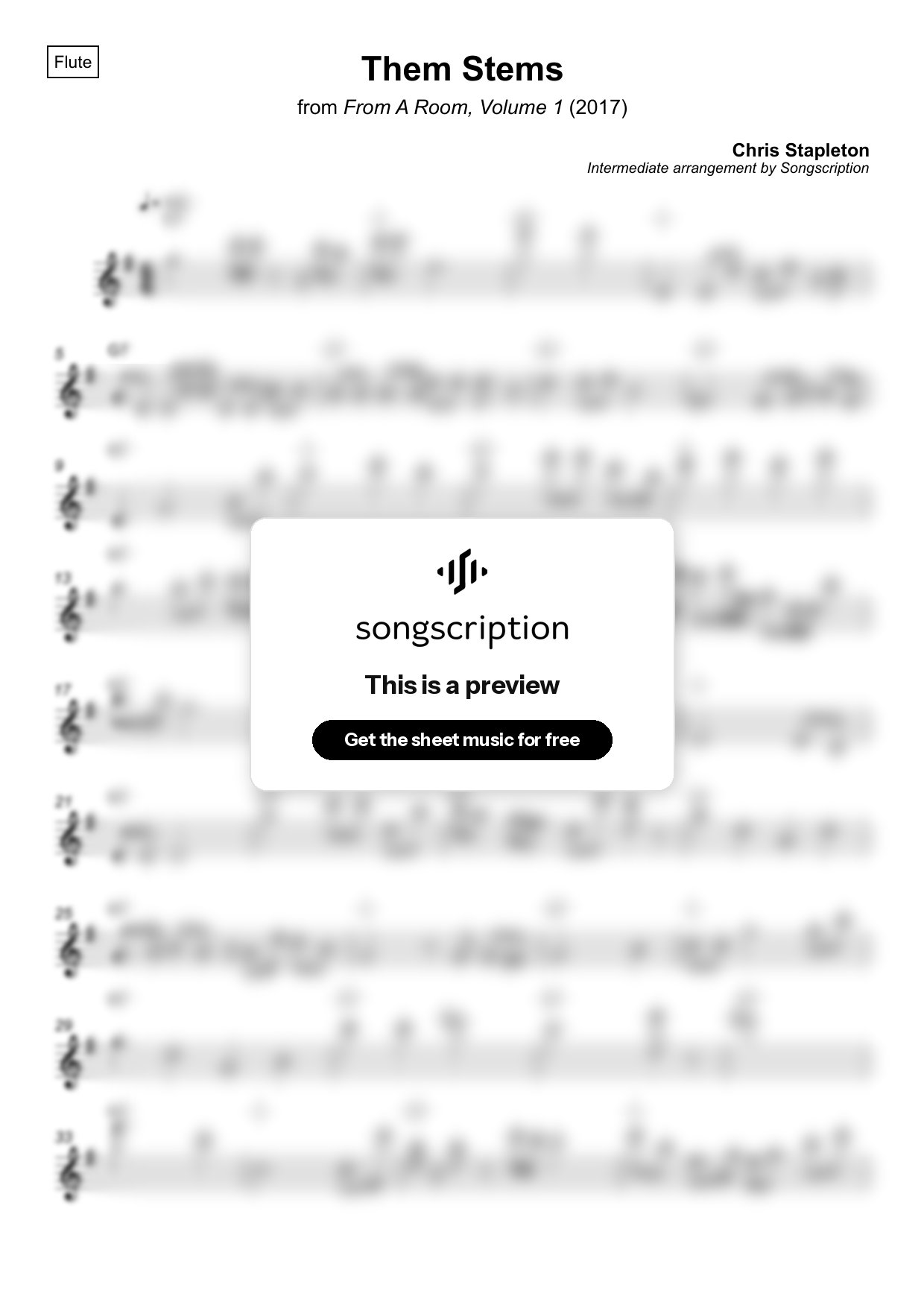 Intermediate Flute Sheet Music for "Them Stems" by Chris Stapleton