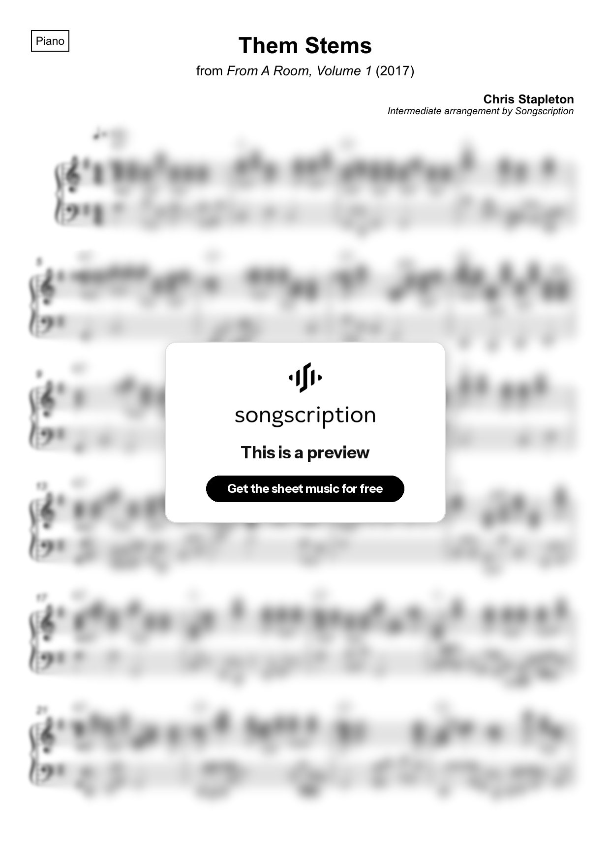 Intermediate Piano Sheet Music for "Them Stems" by Chris Stapleton