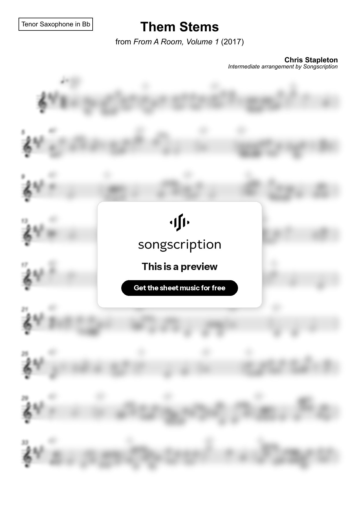 Intermediate Tenor Sax Sheet Music for "Them Stems" by Chris Stapleton