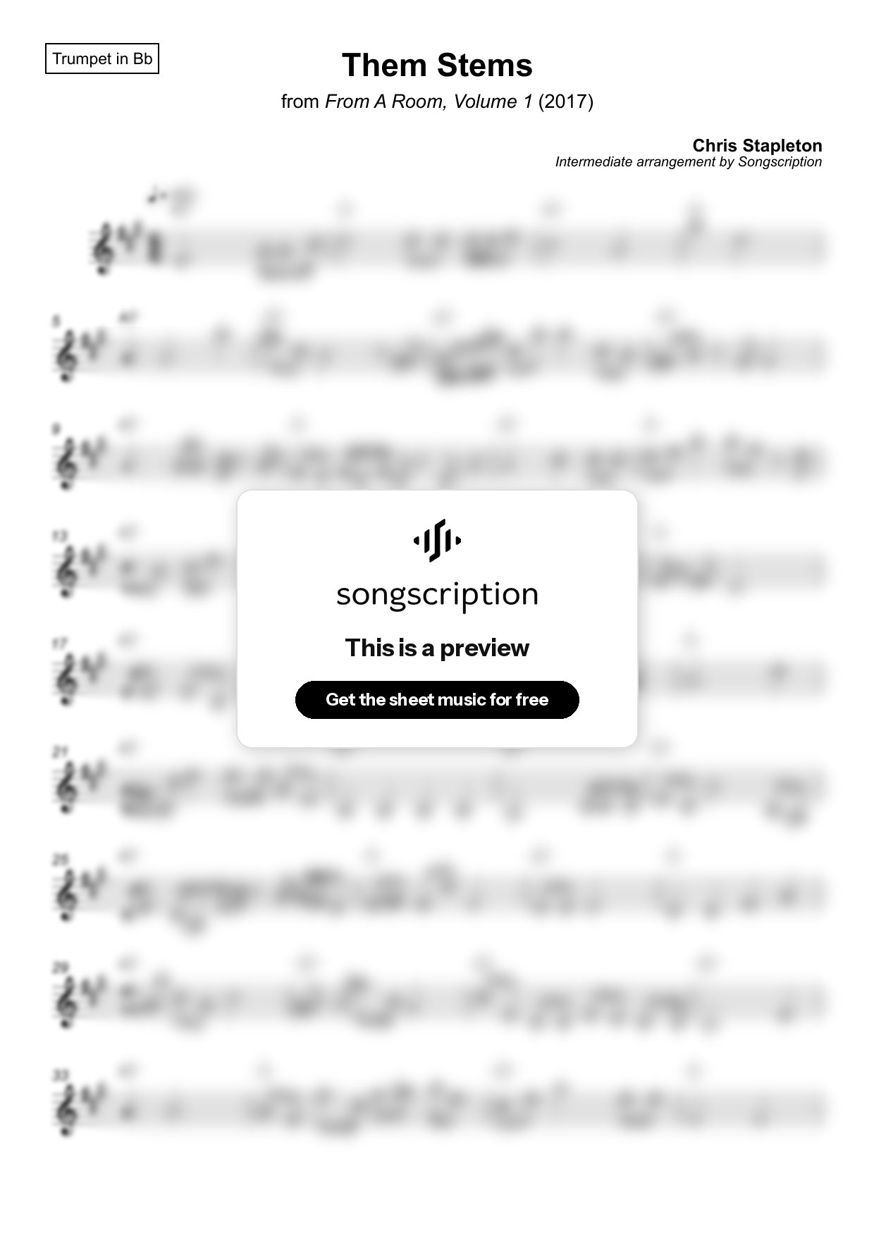 Intermediate Trumpet Sheet Music for "Them Stems" by Chris Stapleton