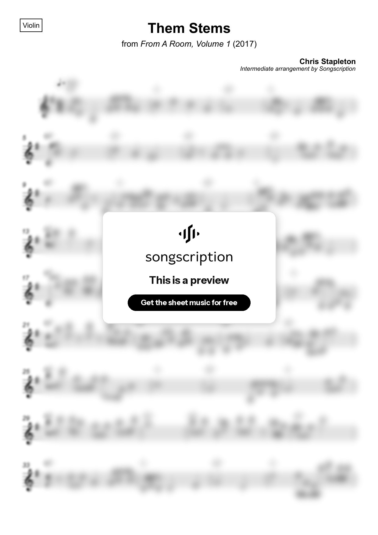 Intermediate Violin Sheet Music for "Them Stems" by Chris Stapleton