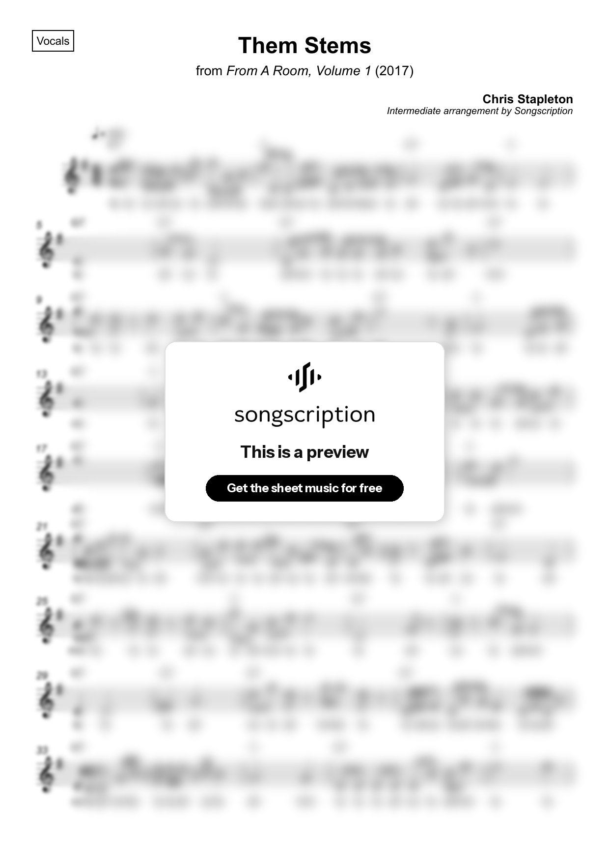 Intermediate Vocals Sheet Music for "Them Stems" by Chris Stapleton