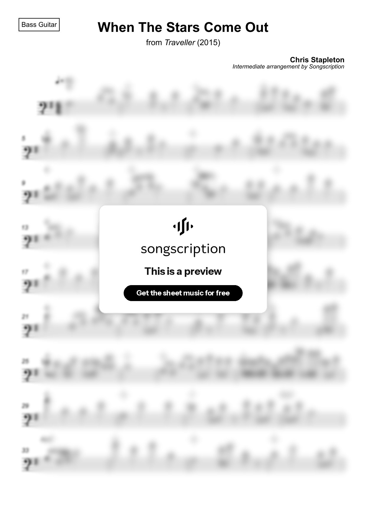 Intermediate Bass Guitar Sheet Music for "When The Stars Come Out" by Chris Stapleton