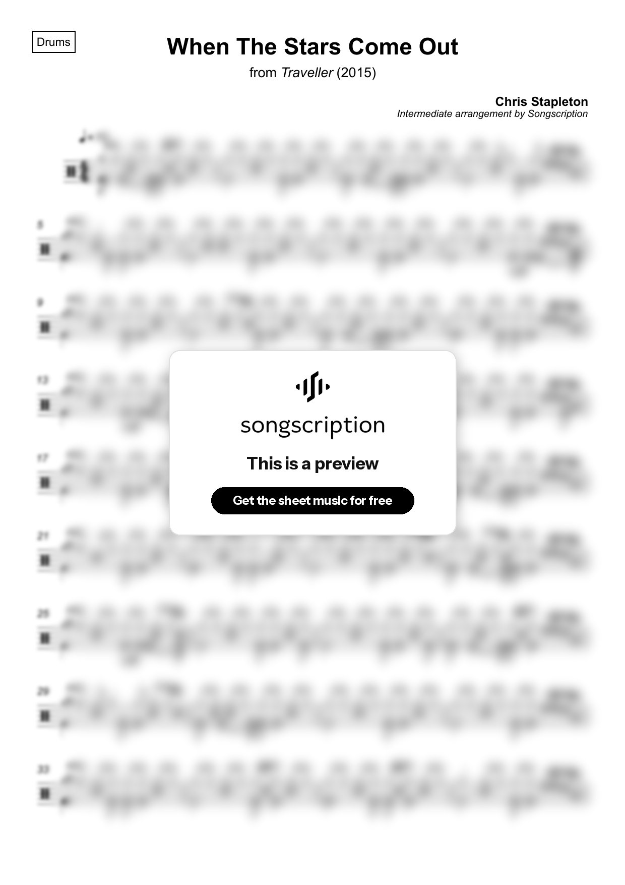 Intermediate Drums Sheet Music for "When The Stars Come Out" by Chris Stapleton