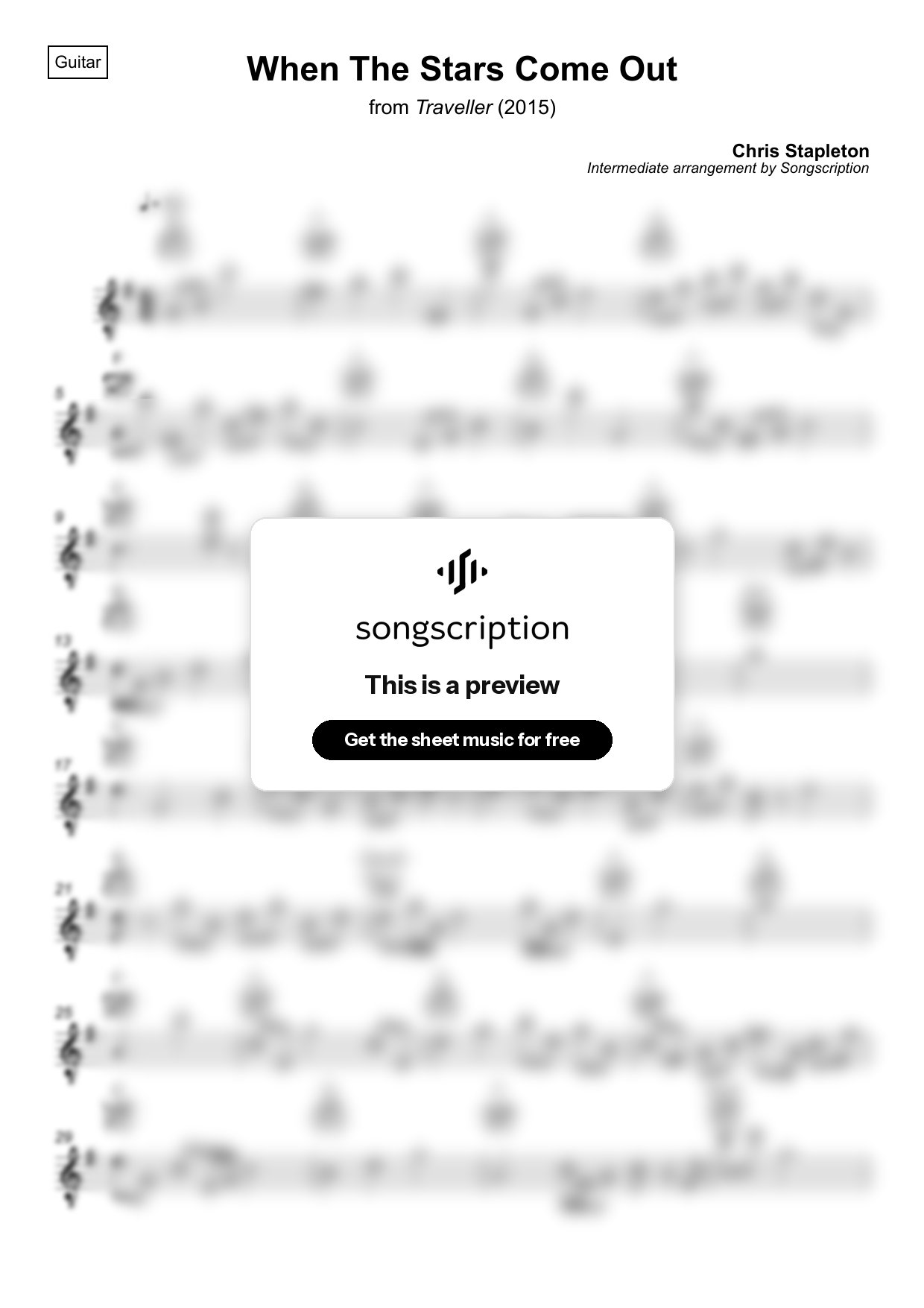 Intermediate Acoustic Guitar Sheet Music for "When The Stars Come Out" by Chris Stapleton