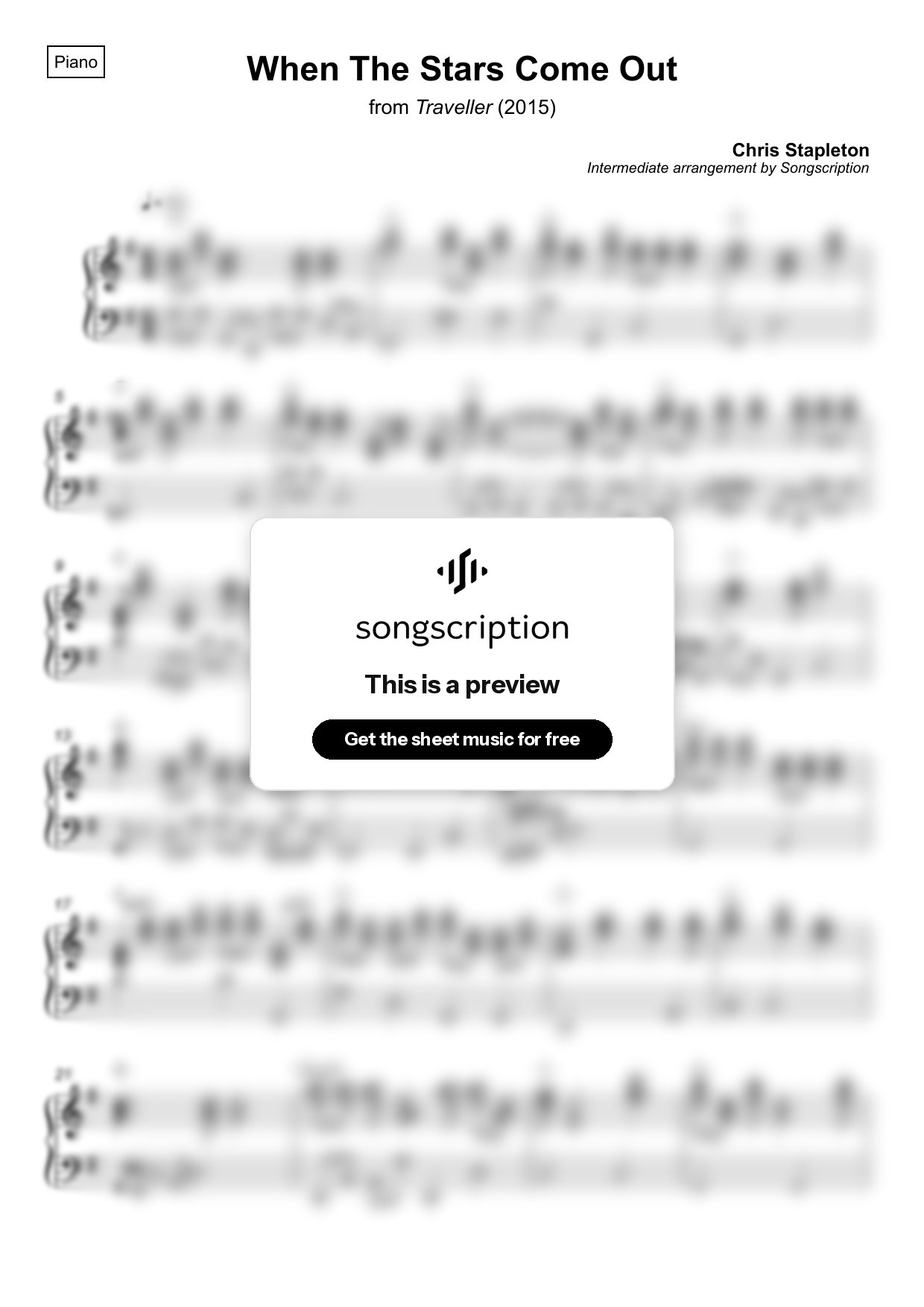 Intermediate Piano Sheet Music for "When The Stars Come Out" by Chris Stapleton