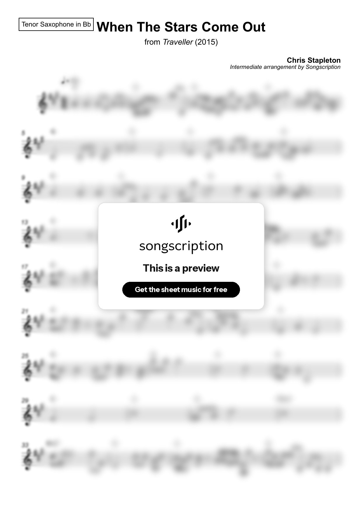 Intermediate Tenor Sax Sheet Music for "When The Stars Come Out" by Chris Stapleton
