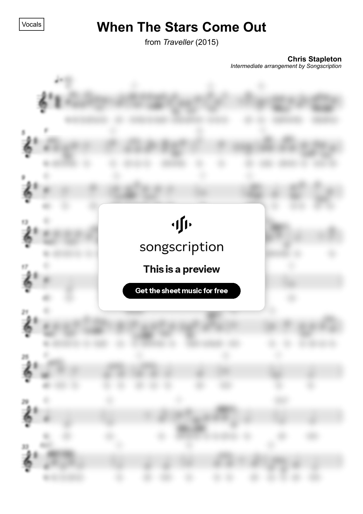 Intermediate Vocals Sheet Music for "When The Stars Come Out" by Chris Stapleton