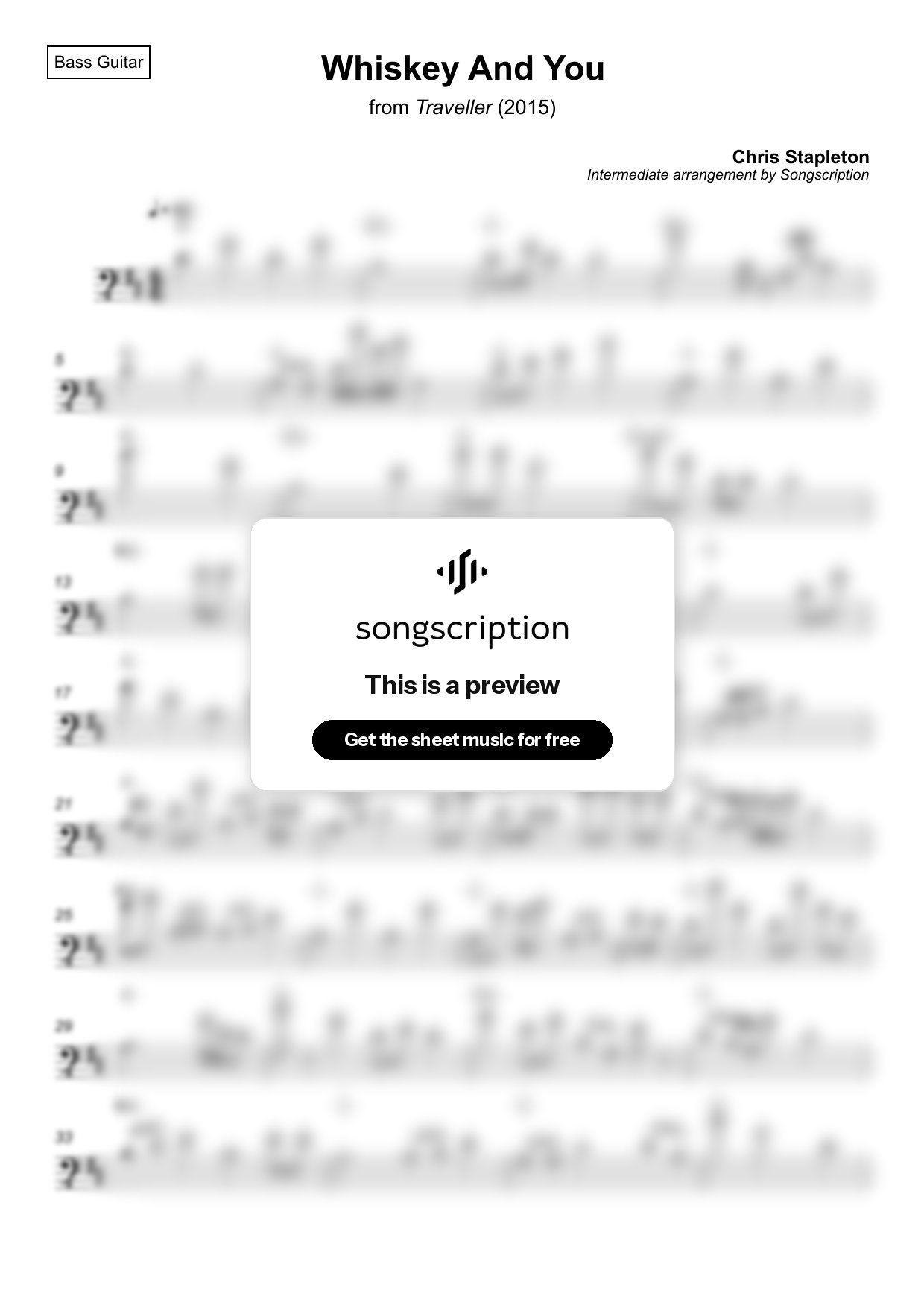 Intermediate Bass Guitar Sheet Music for "Whiskey And You" by Chris Stapleton