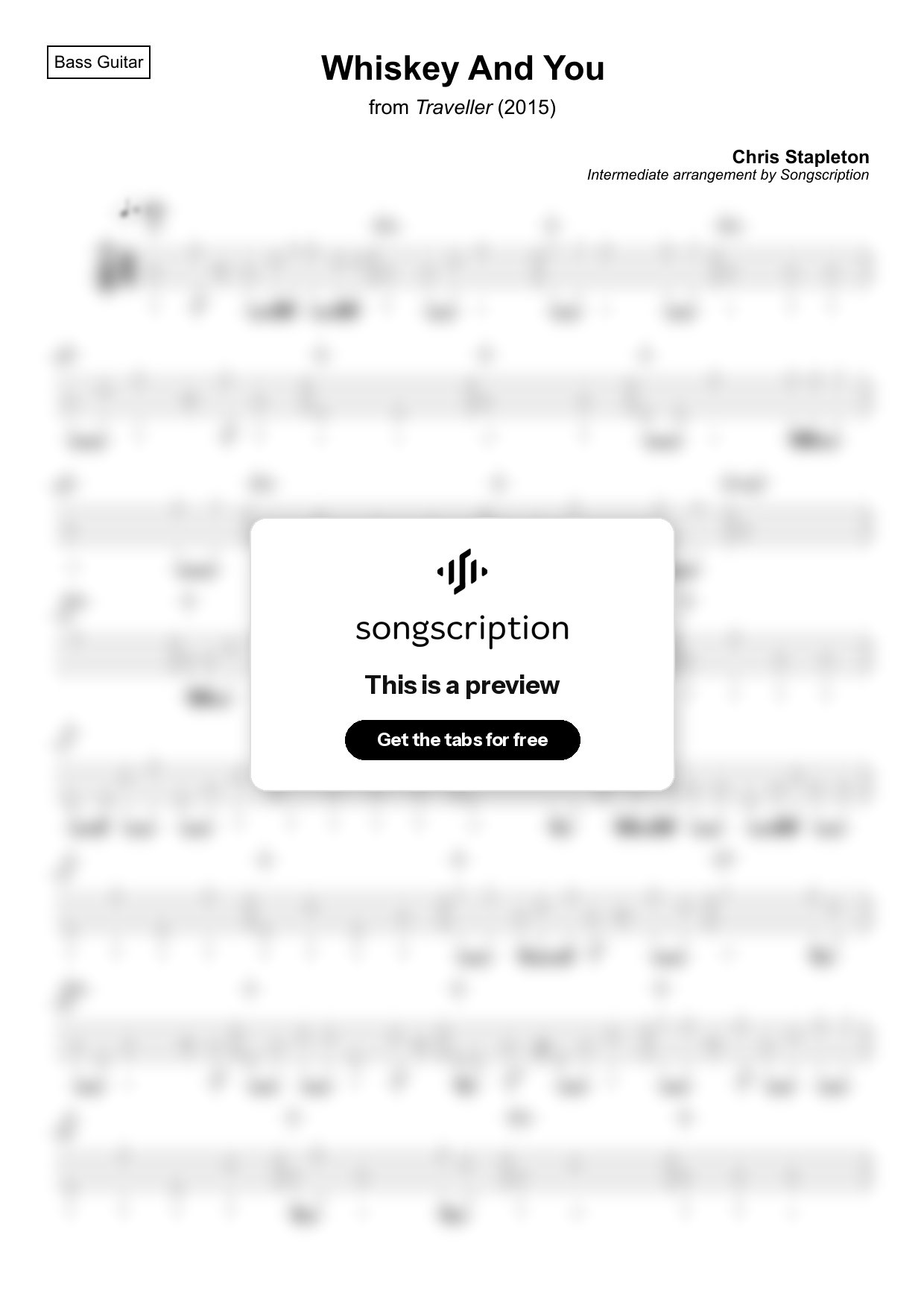 Intermediate Bass Guitar Tabs for "Whiskey And You" by Chris Stapleton