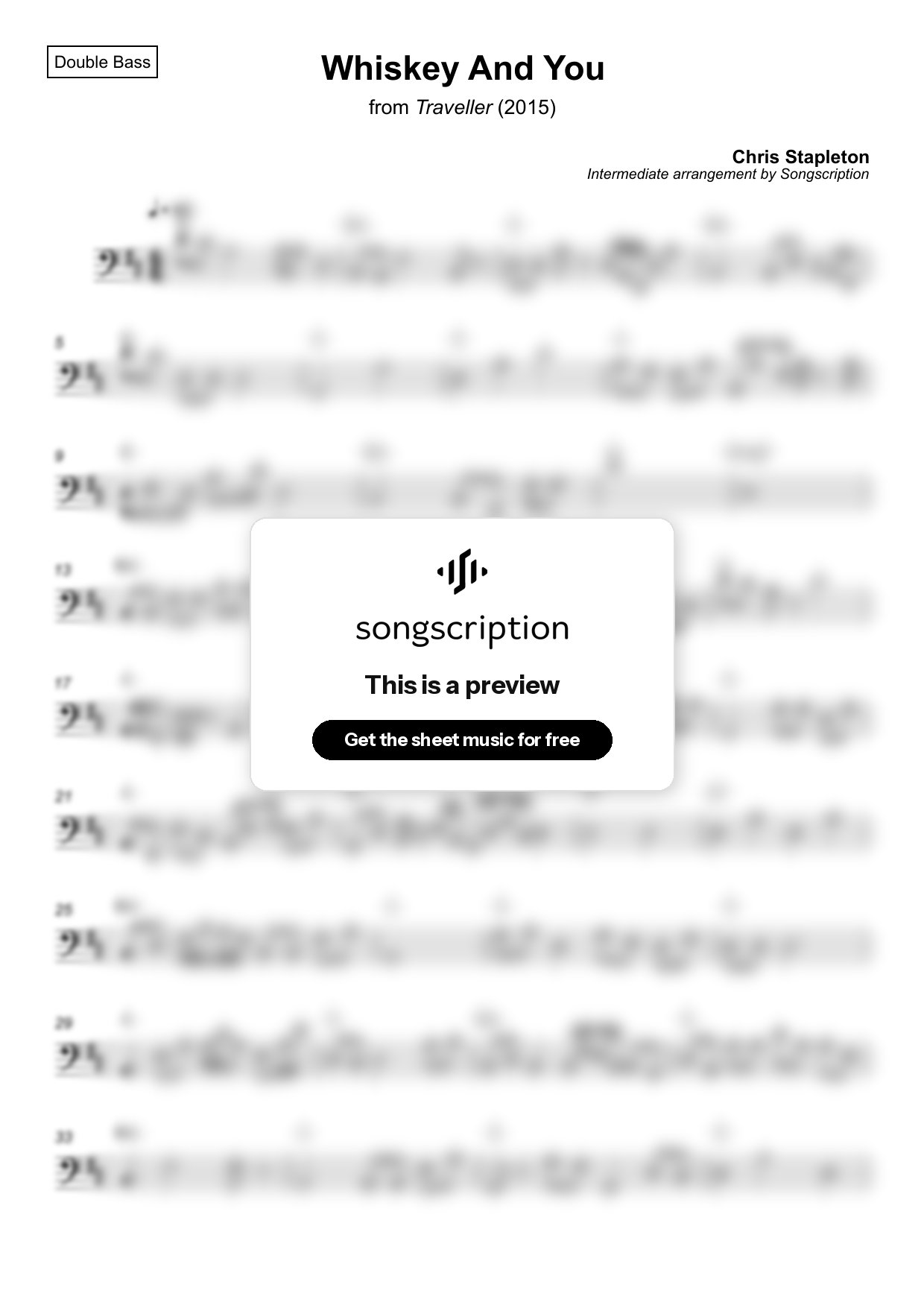 Intermediate Double Bass Sheet Music for "Whiskey And You" by Chris Stapleton
