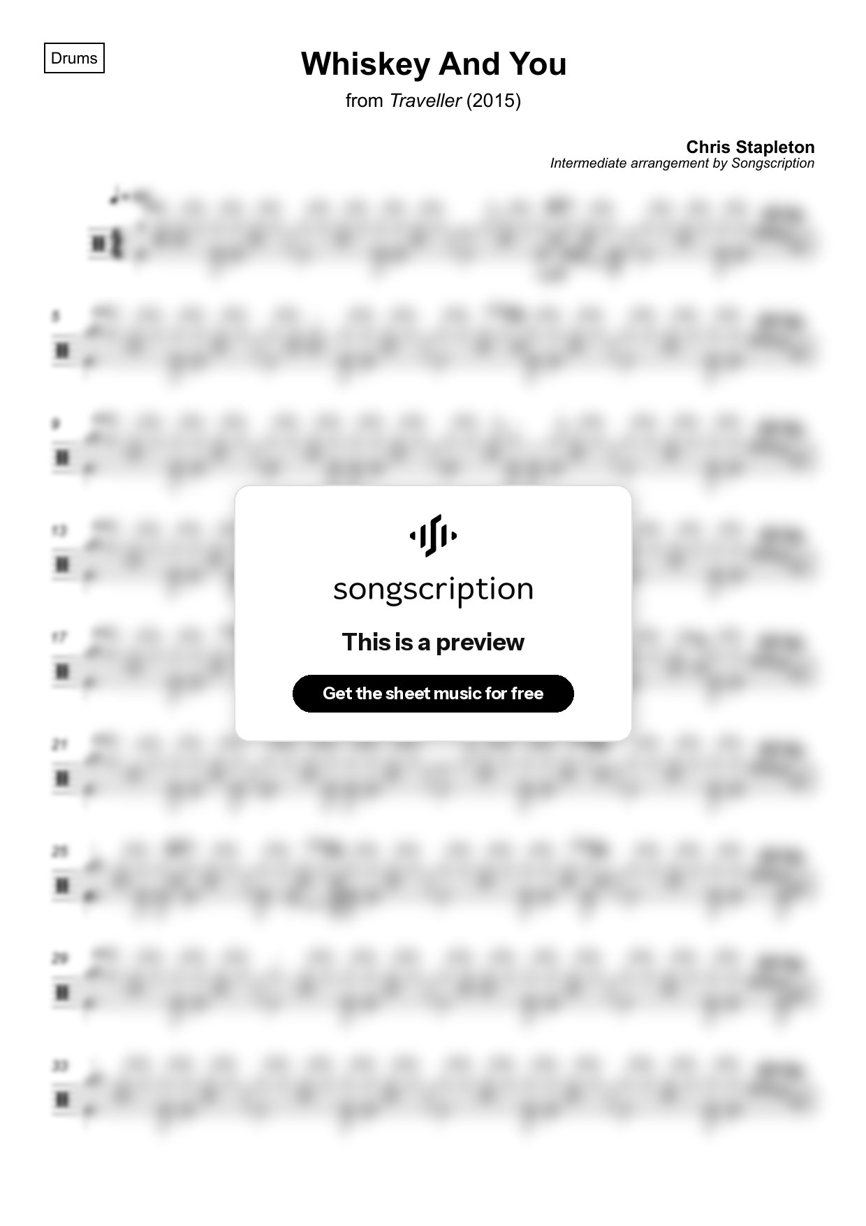 Intermediate Drums Sheet Music for "Whiskey And You" by Chris Stapleton