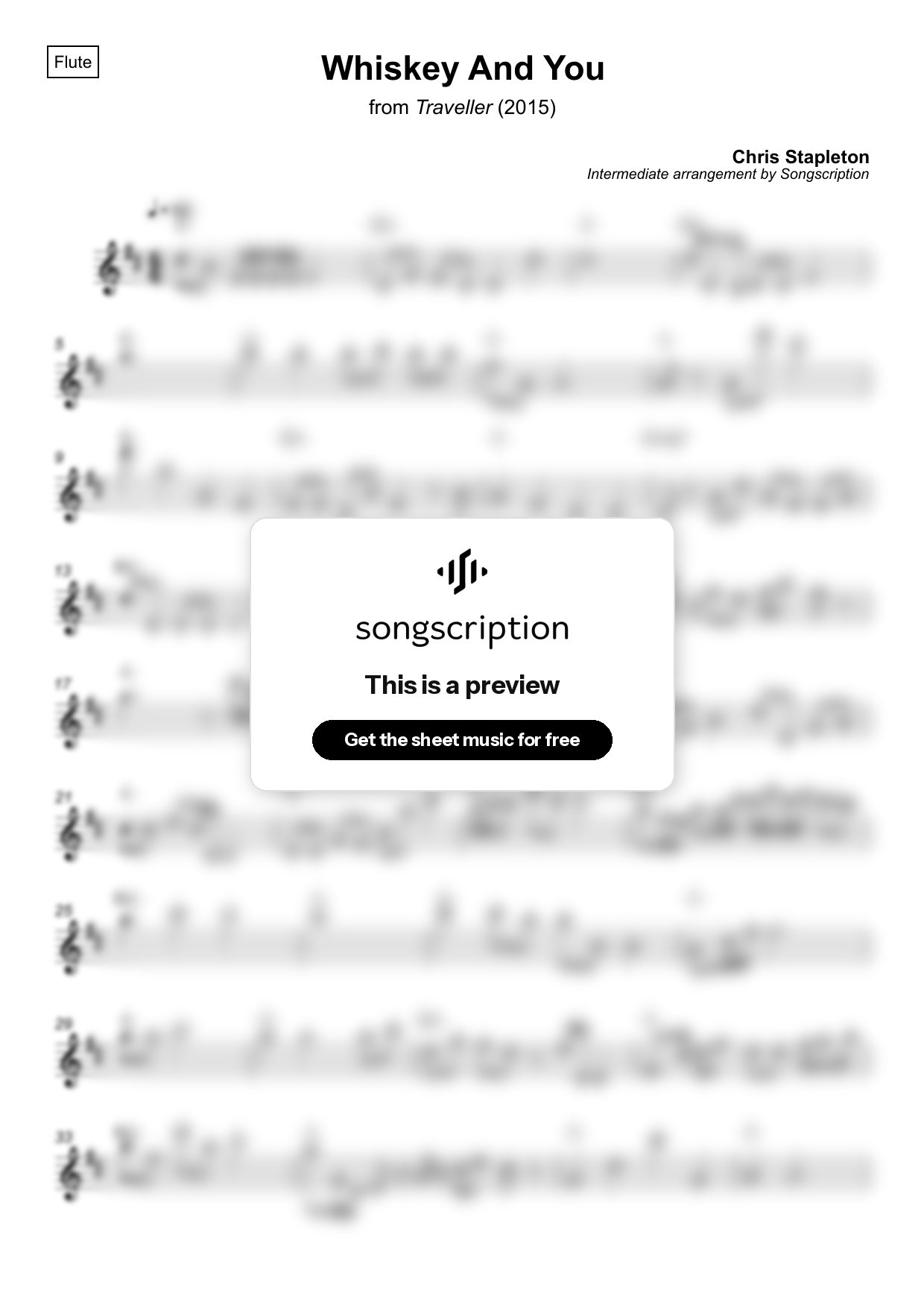 Intermediate Flute Sheet Music for "Whiskey And You" by Chris Stapleton