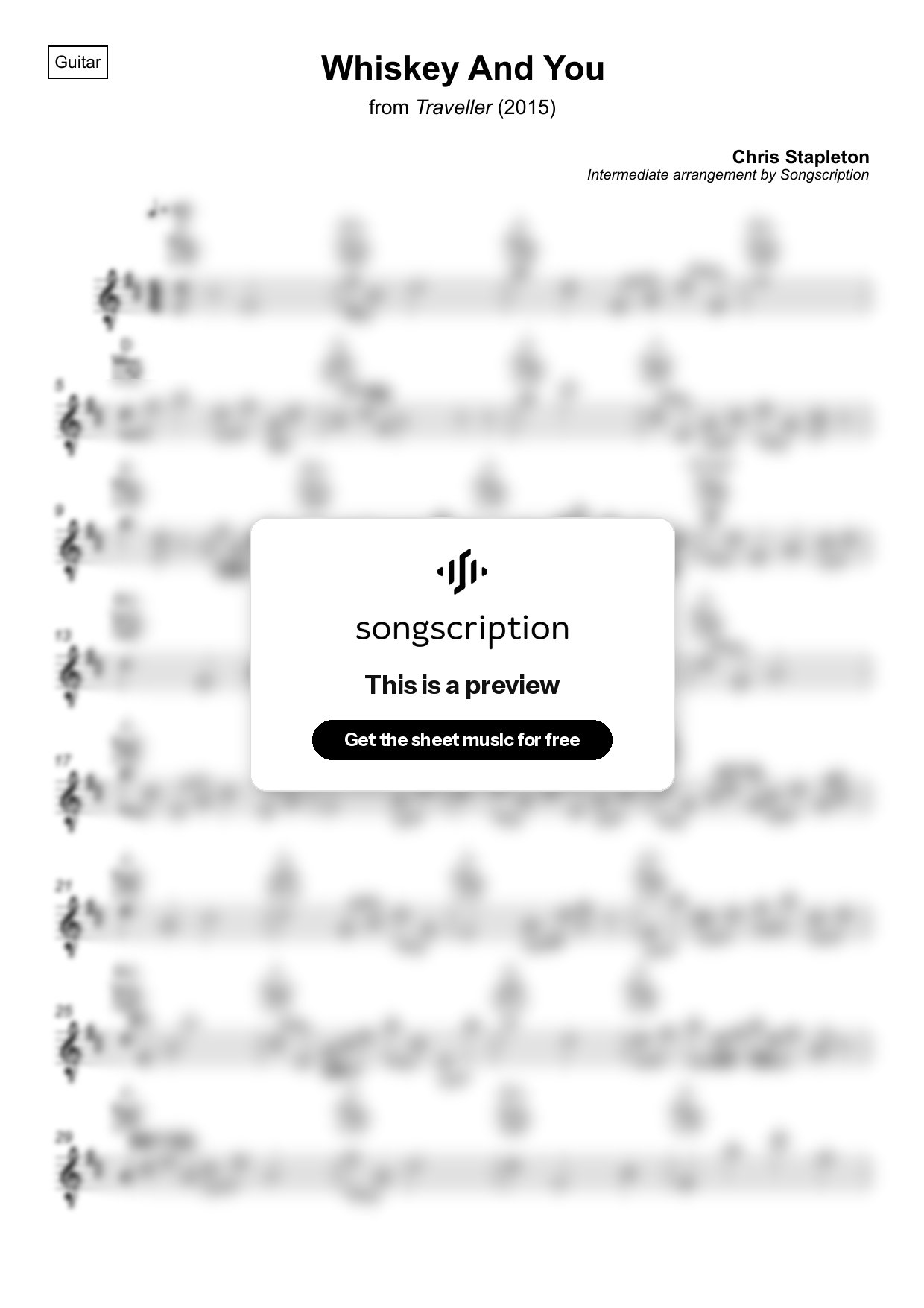 Intermediate Acoustic Guitar Sheet Music for "Whiskey And You" by Chris Stapleton