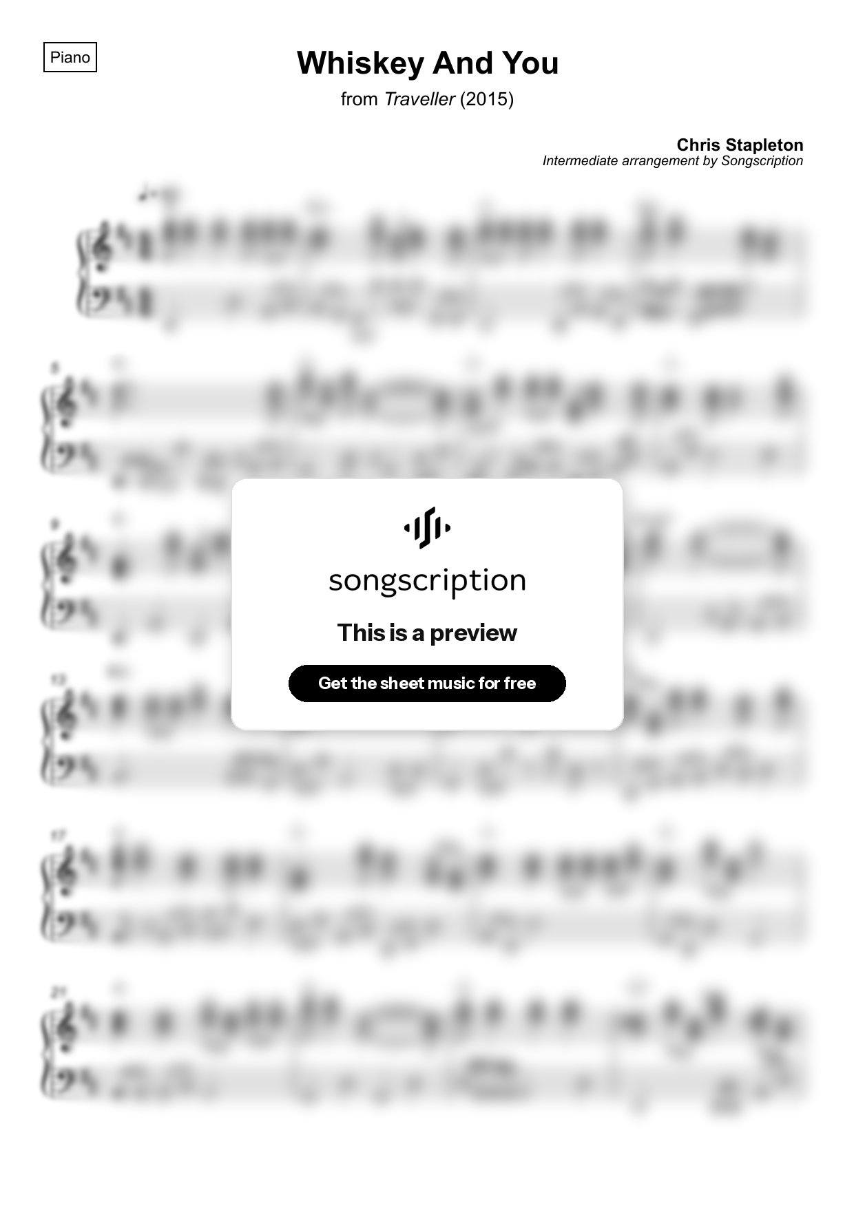 Intermediate Piano Sheet Music for "Whiskey And You" by Chris Stapleton
