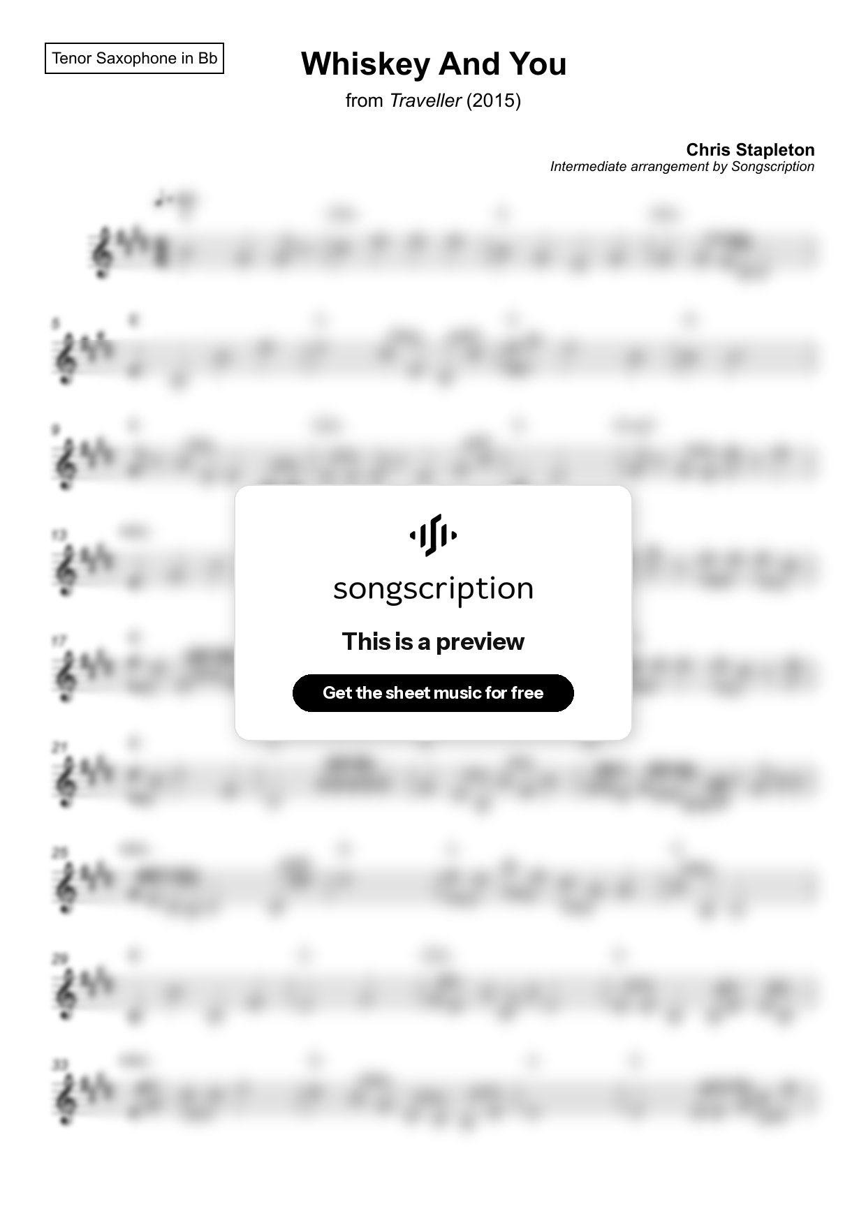Intermediate Tenor Sax Sheet Music for "Whiskey And You" by Chris Stapleton