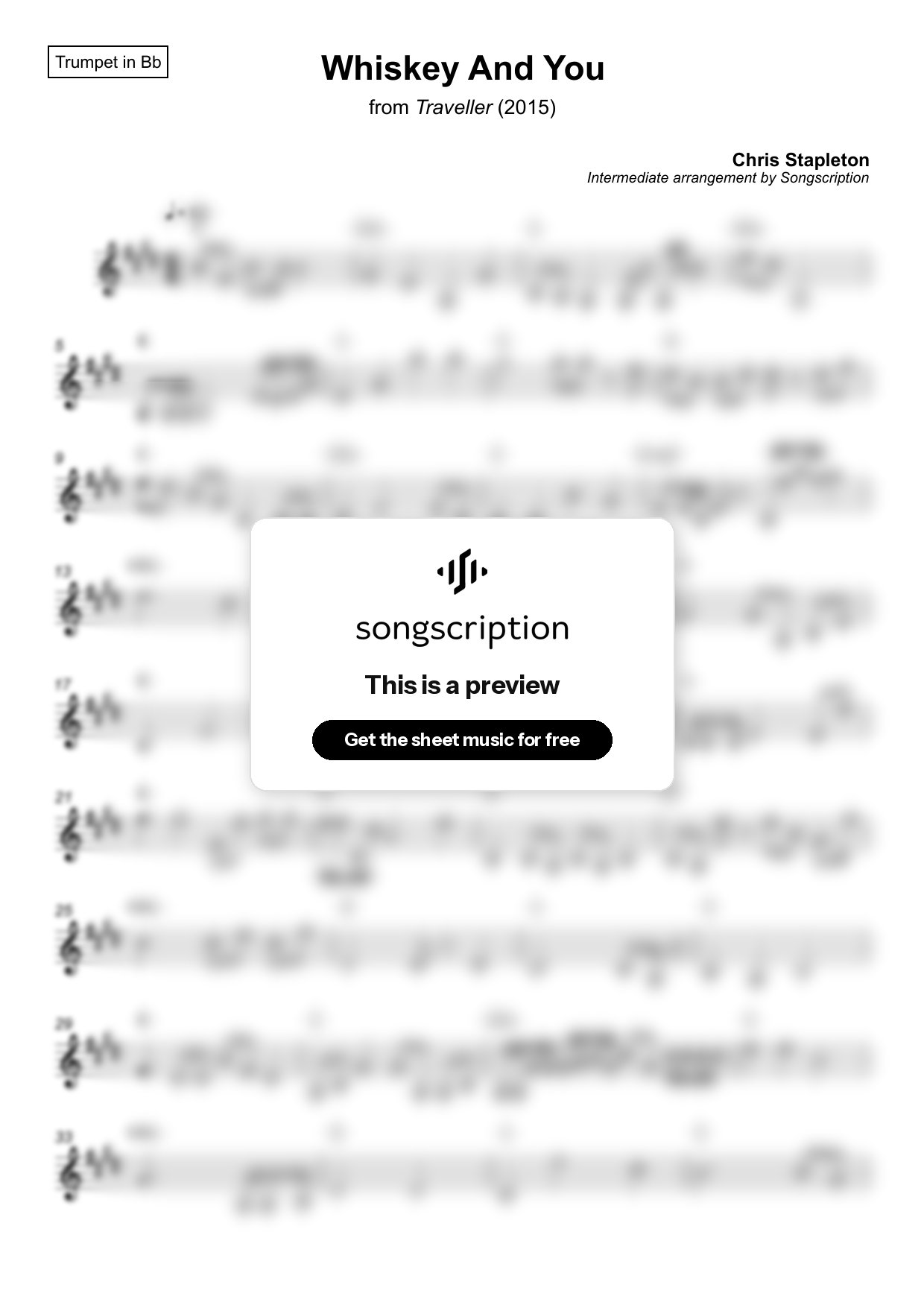 Intermediate Trumpet Sheet Music for "Whiskey And You" by Chris Stapleton