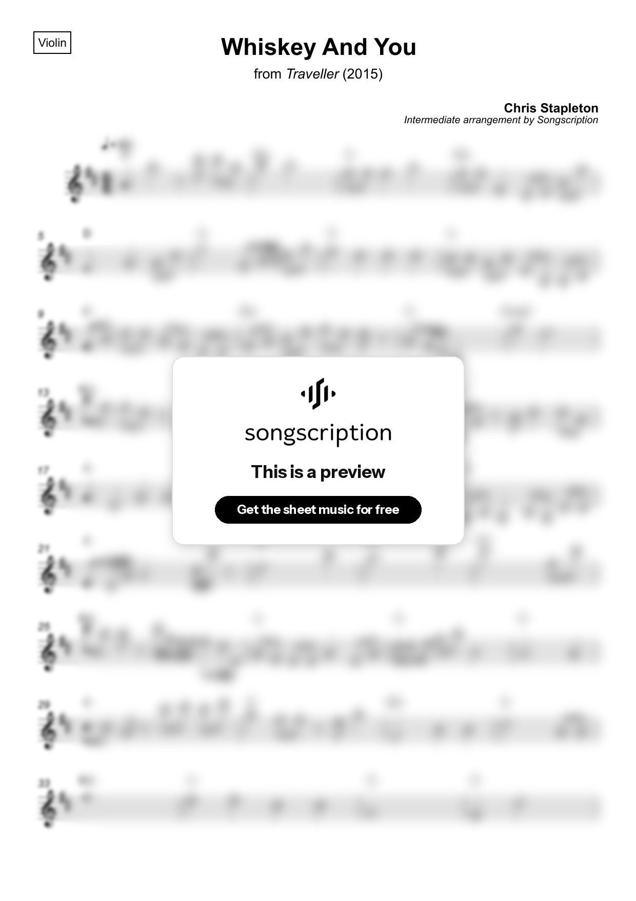 Intermediate Violin Sheet Music for "Whiskey And You" by Chris Stapleton