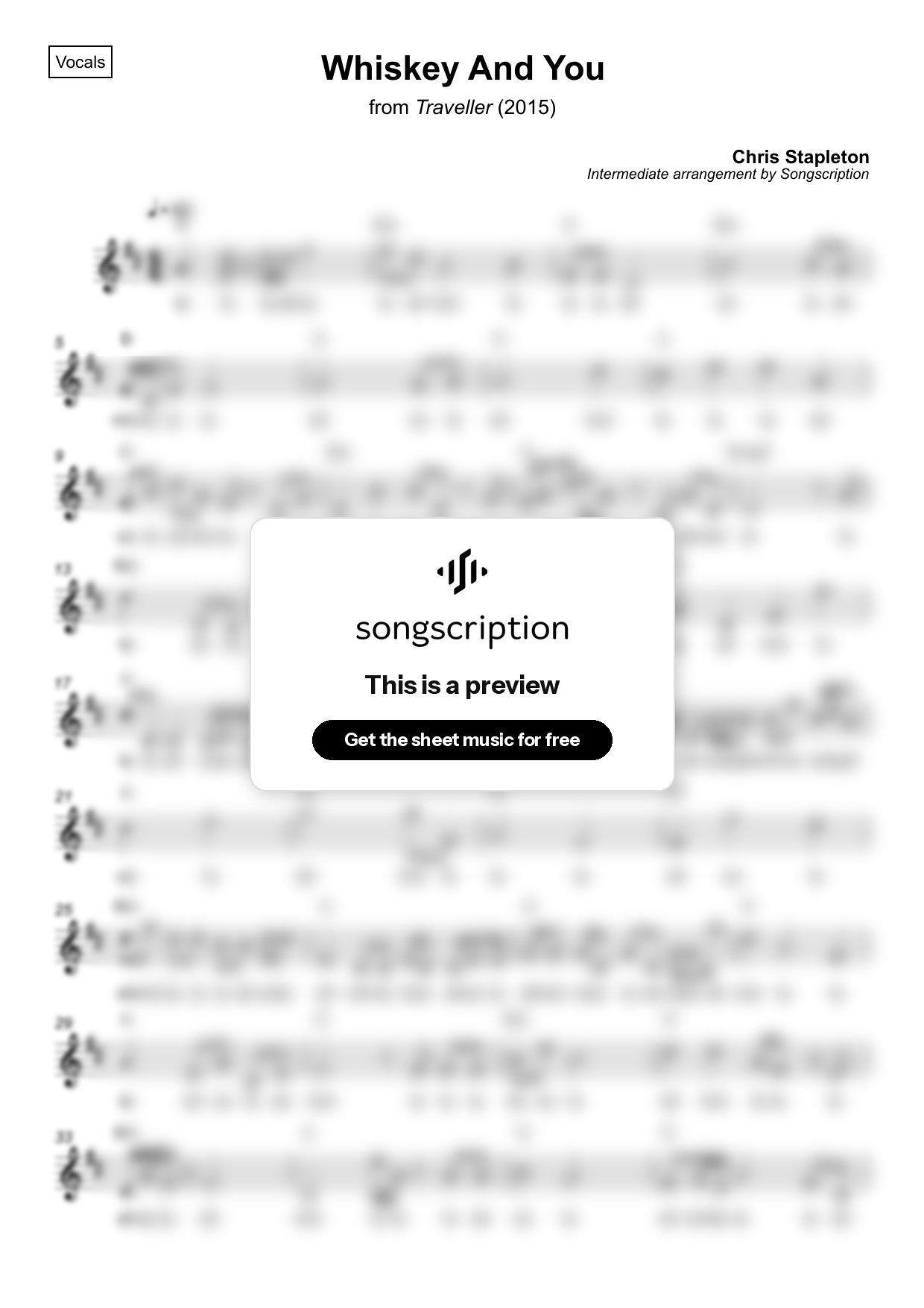 Intermediate Vocals Sheet Music for "Whiskey And You" by Chris Stapleton