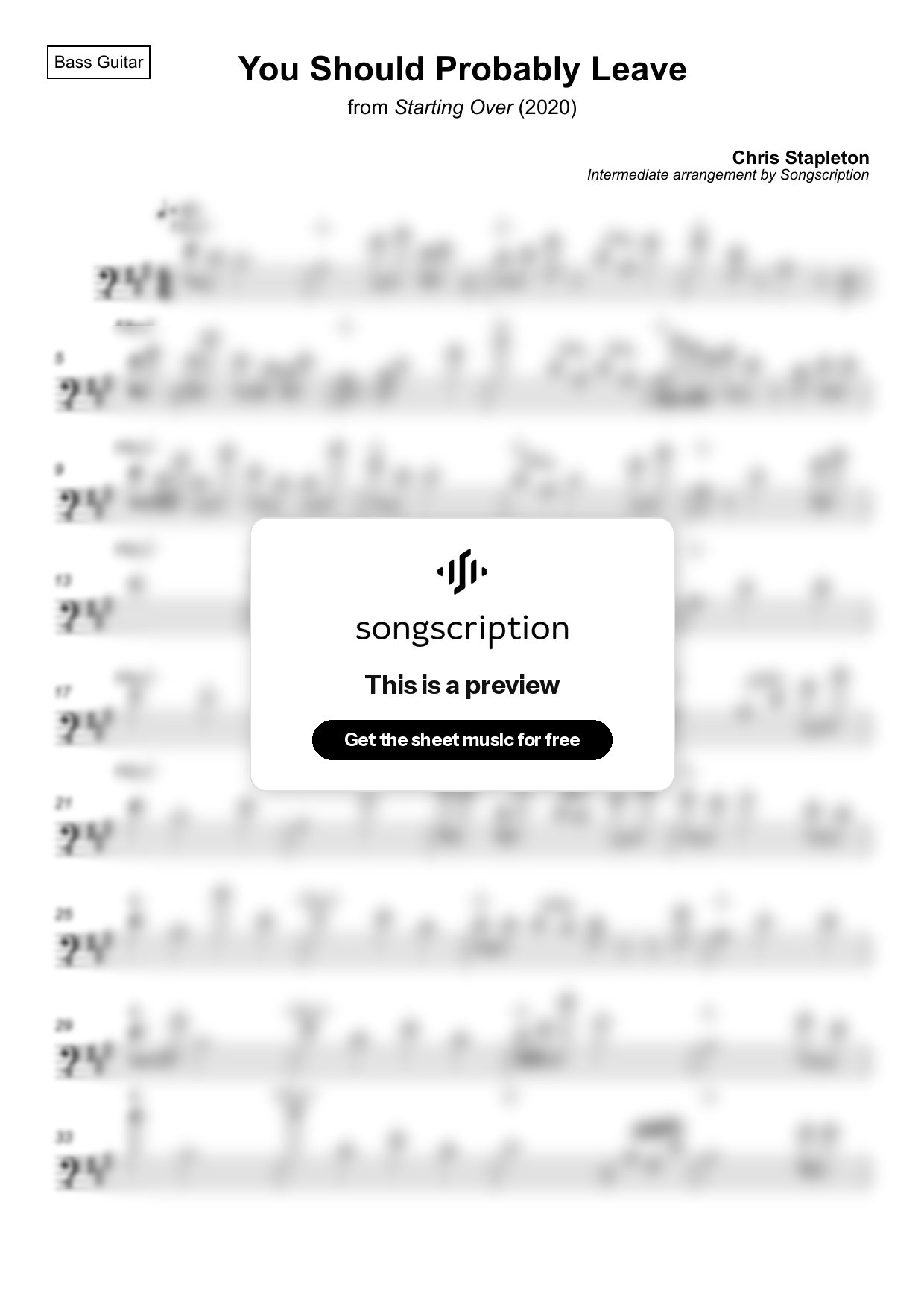 Intermediate Bass Guitar Sheet Music for "You Should Probably Leave" by Chris Stapleton
