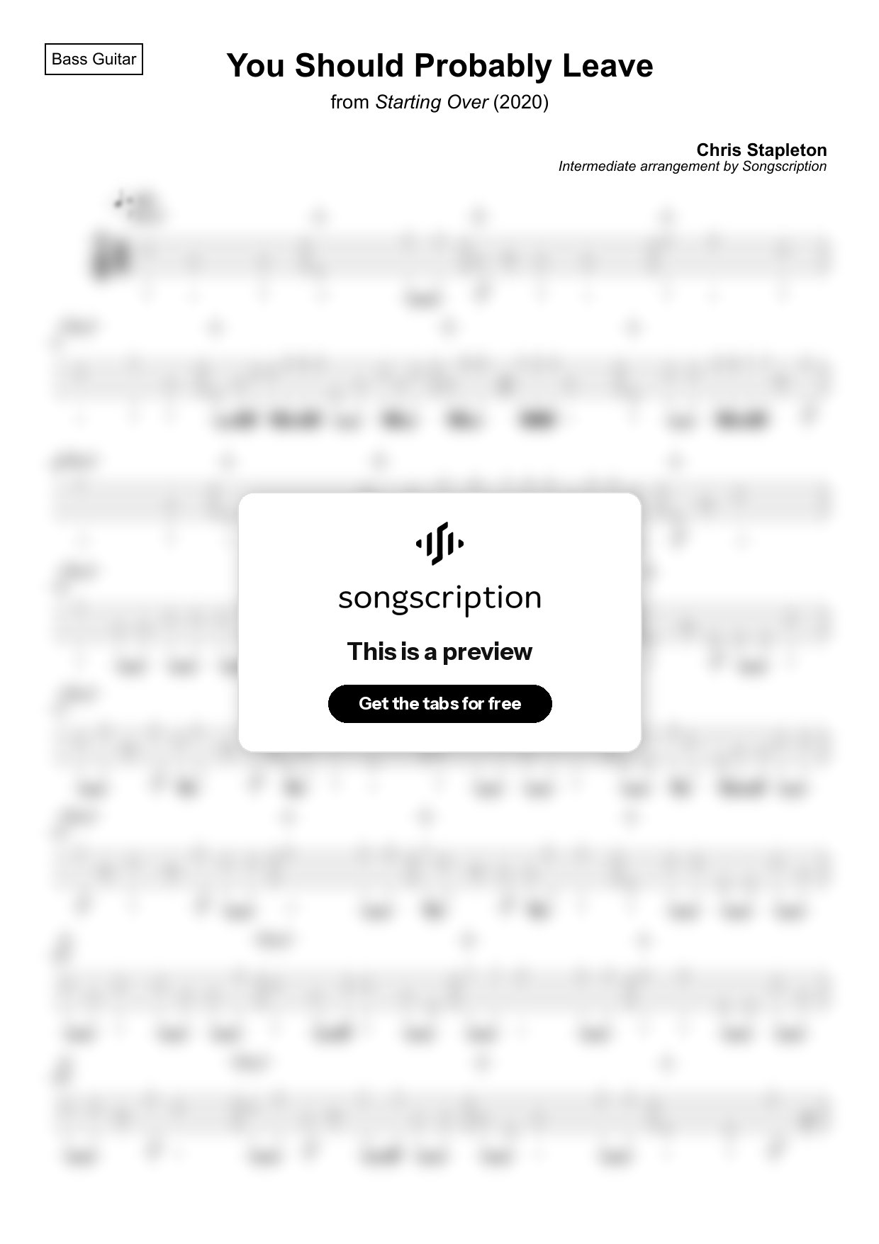 Intermediate Bass Guitar Tabs for "You Should Probably Leave" by Chris Stapleton